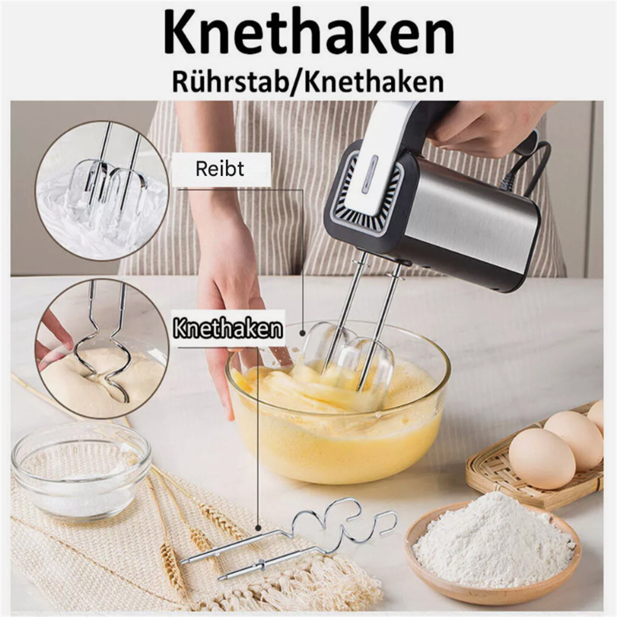 Elektrischer Mixer mit Aufsätzen und Zutaten. Beschriftungen: Knethaken, Rührstab, Knethaken.