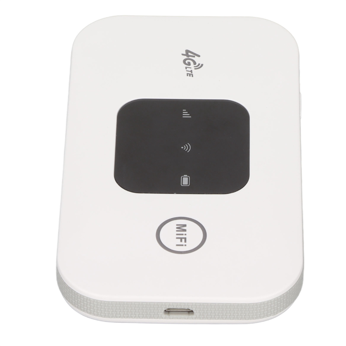 Weißes MiFi-Gerät mit schwarzem Bildschirm. Es hat 4G LTE- und MiFi-Text auf dem Gerät. Einfacher Hintergrund.