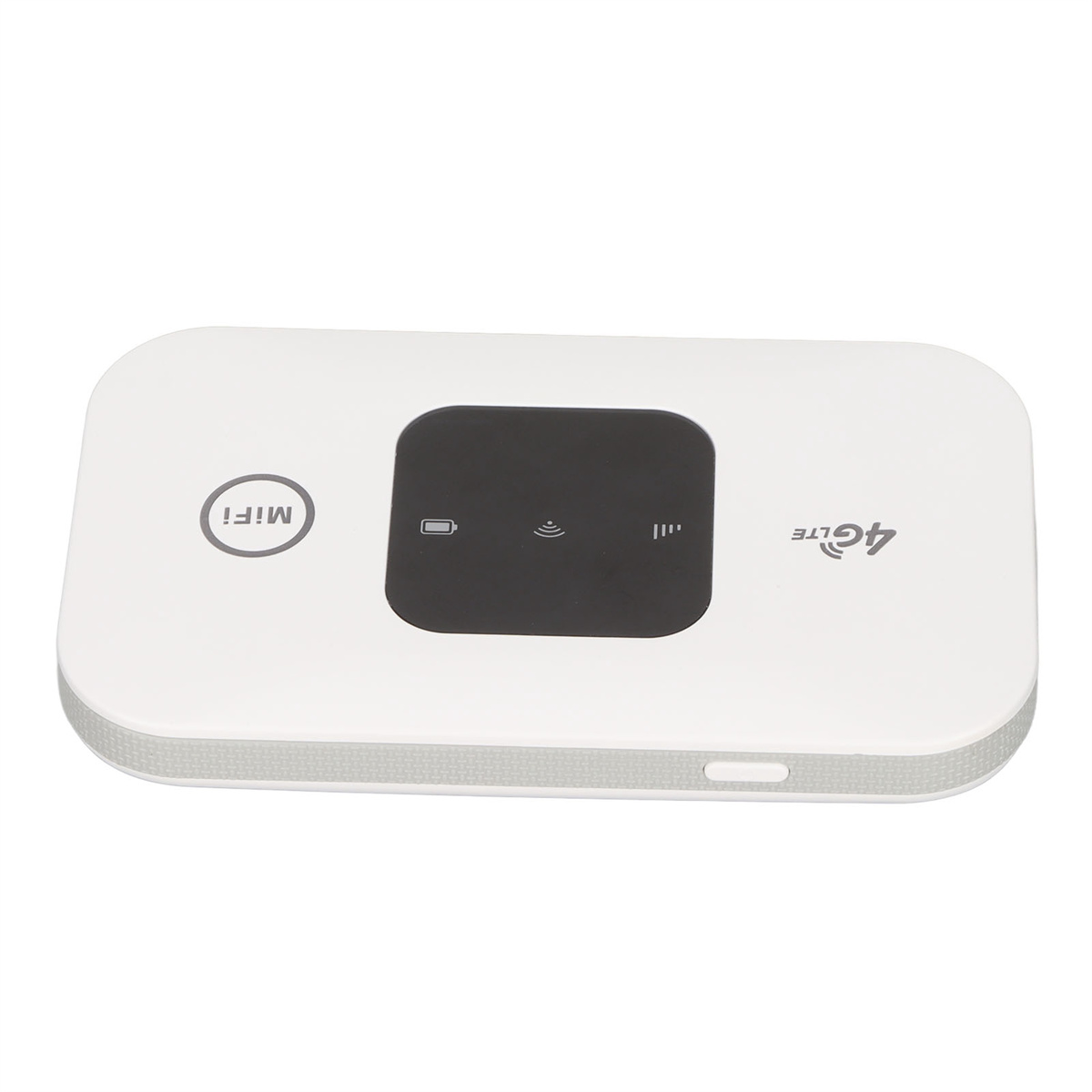 Ein weißes MiFi-Gerät mit schwarzem Bildschirm und 4G LTE-Logo, liegend auf weißer Oberfläche.