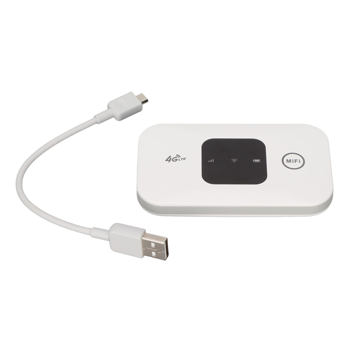 Weißes 4G LTE MiFi-Gerät mit USB-Kabel. Weißer Hintergrund.