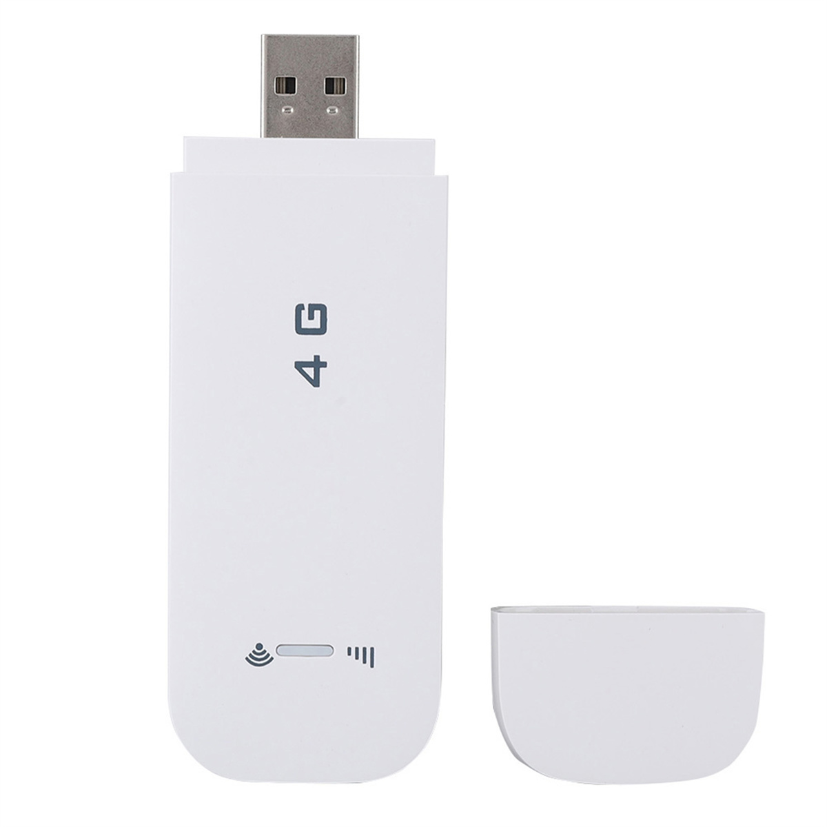 Weißes 4G-USB-Modem mit abnehmbarer Abdeckung. Hat einen USB-Anschluss und Signalanzeigen.