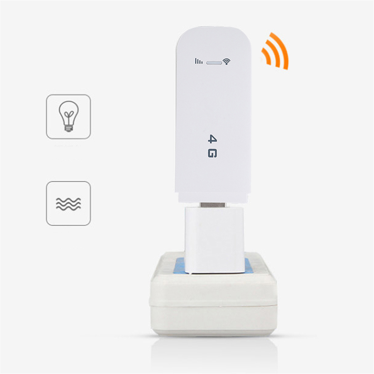 Ein weißer WLAN-Router, der in eine Steckdose eingesteckt ist, mit zwei Symbolen und weißem Hintergrund.