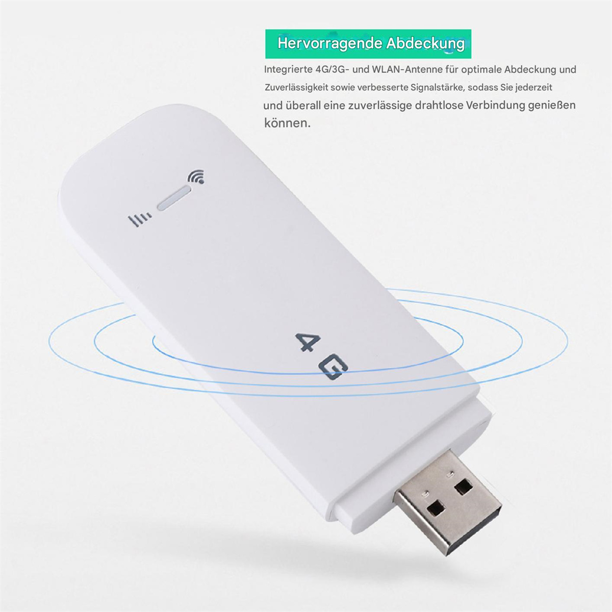 Weißes 4G-USB-Modem mit WLAN-Signal-Symbol auf hellem Hintergrund, das die Abdeckung verdeutlicht.