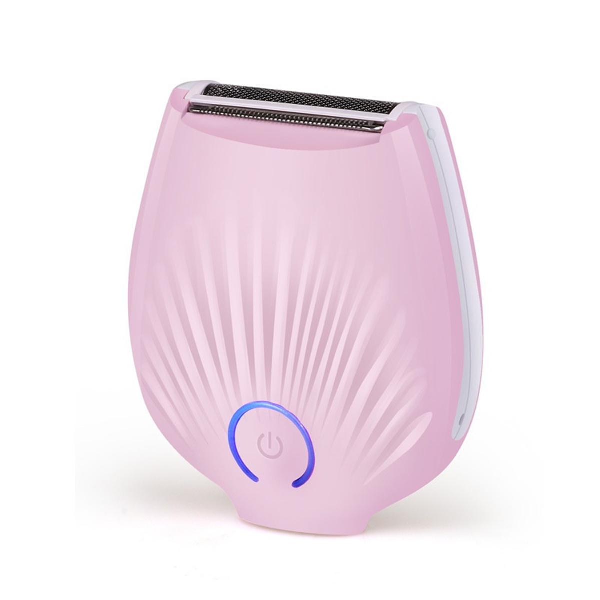 Ein rosa elektrischer Rasierer auf weißem Hintergrund, mit blauem Ein-/Aus-Knopf.