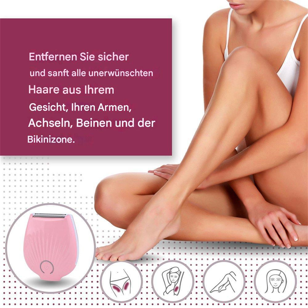 Beine einer Frau und ein rosa Haarentfernungsgerät. Text schlägt sichere Haarentfernung vor.