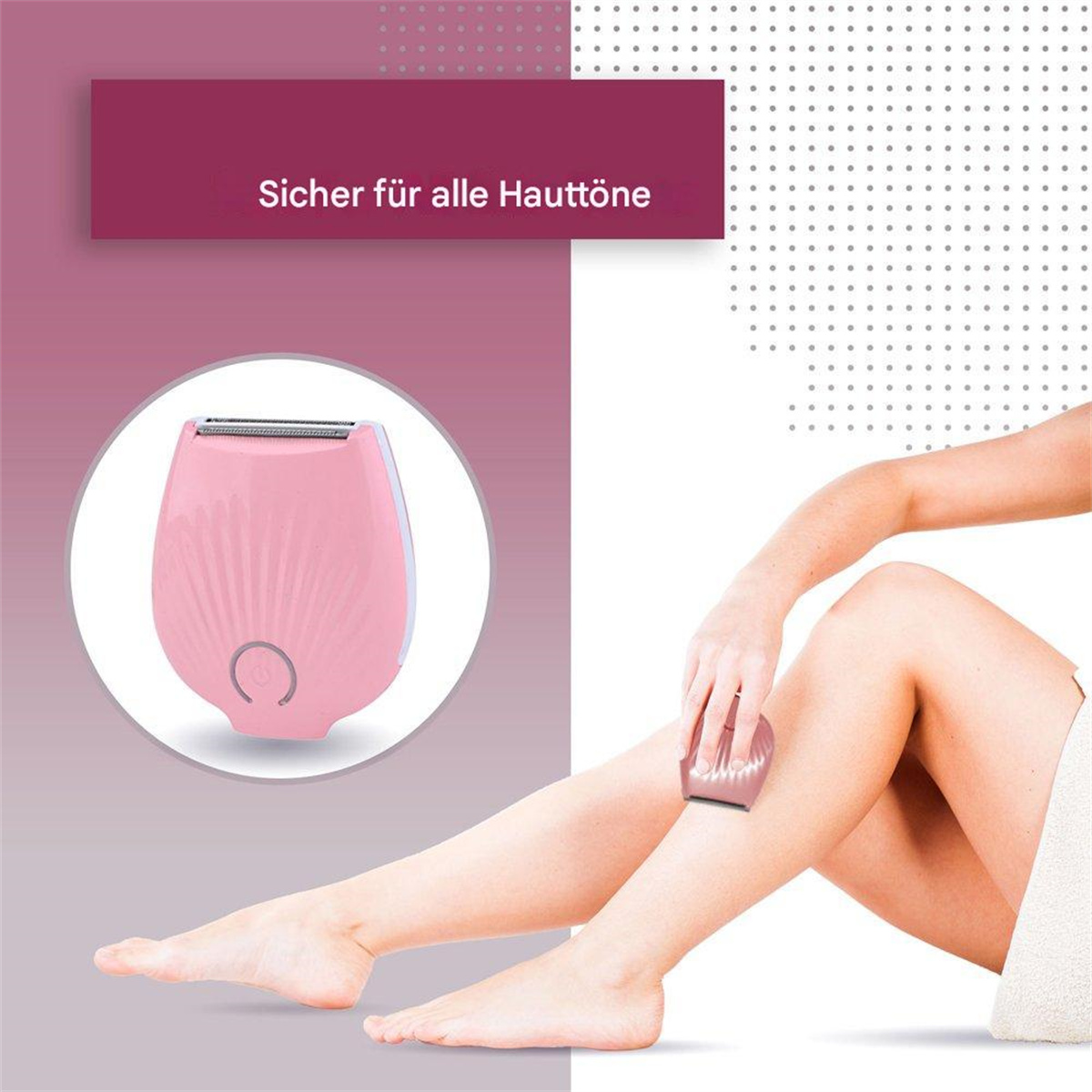 Eine Frau rasiert ihr Bein mit einem rosa elektrischen Rasierer, mit Text oben.
