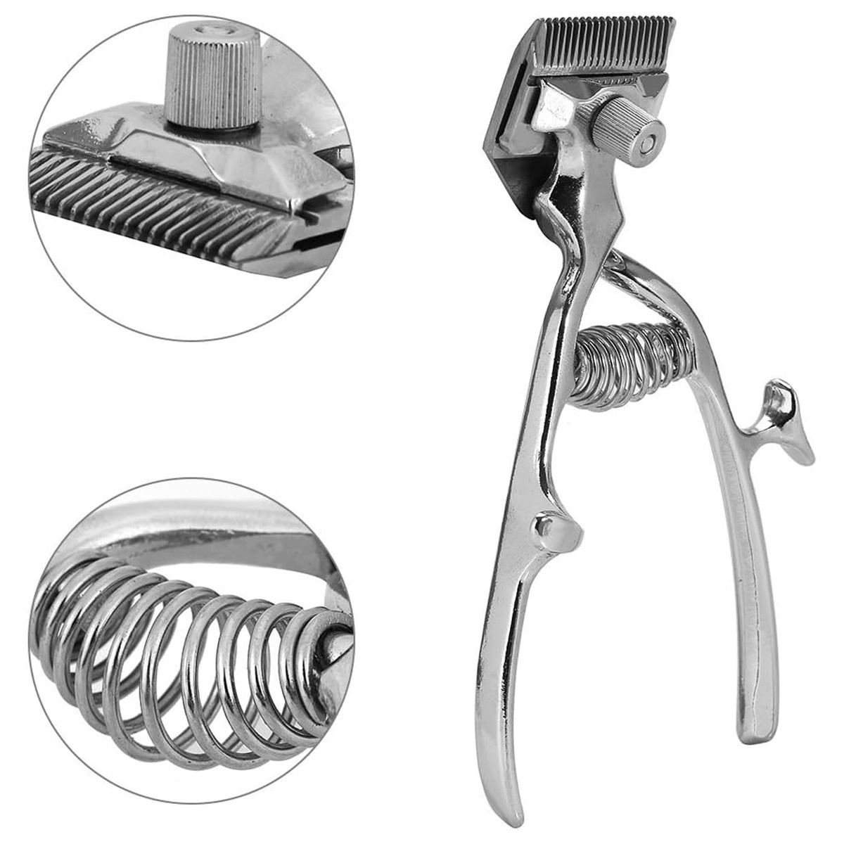 Nahaufnahme eines manuellen Haarschneiders mit metallisch-silbernen Teilen und einer Feder.