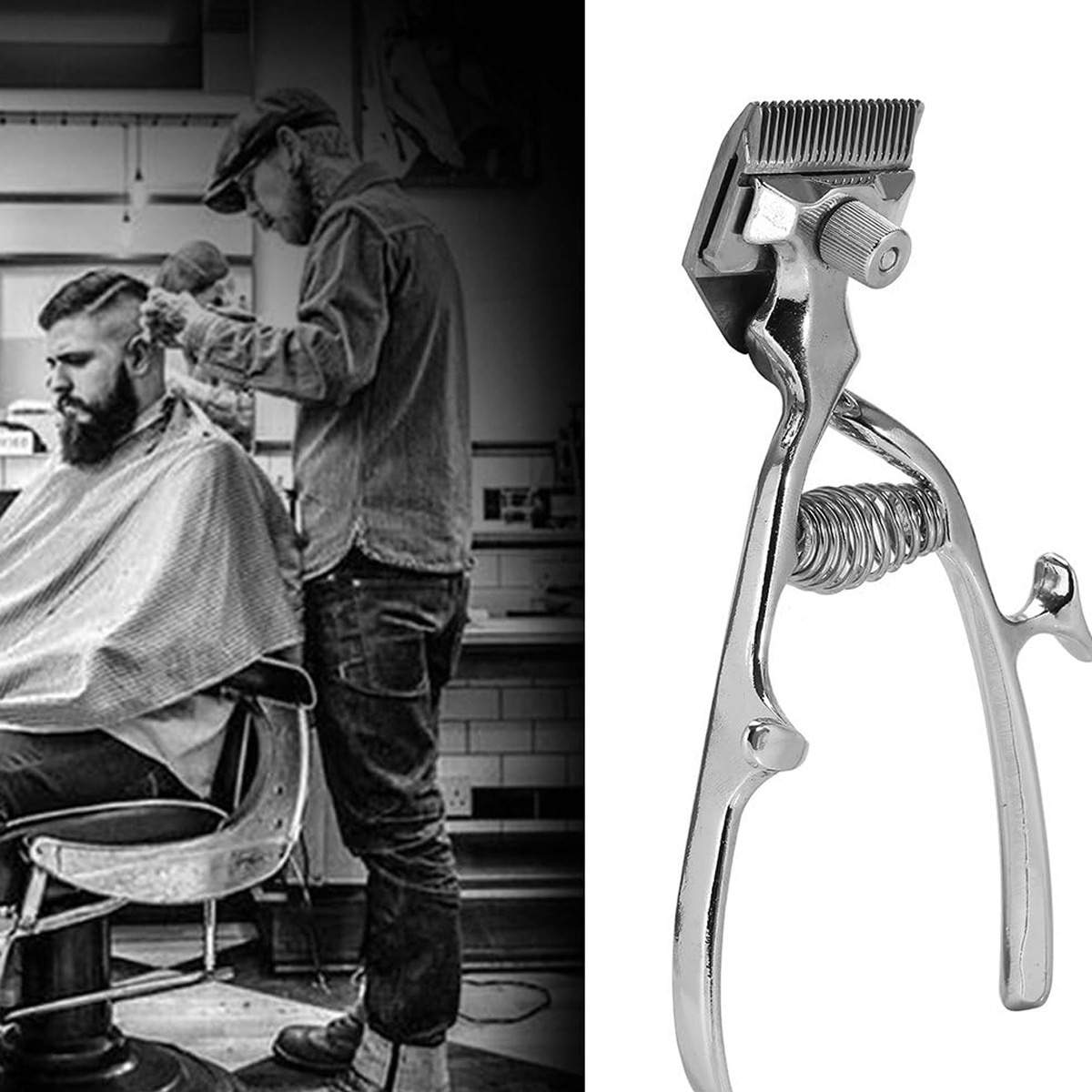Friseur rasiert Haare eines Mannes, eine silberne Haarschneidemaschine in der rechten Ecke.