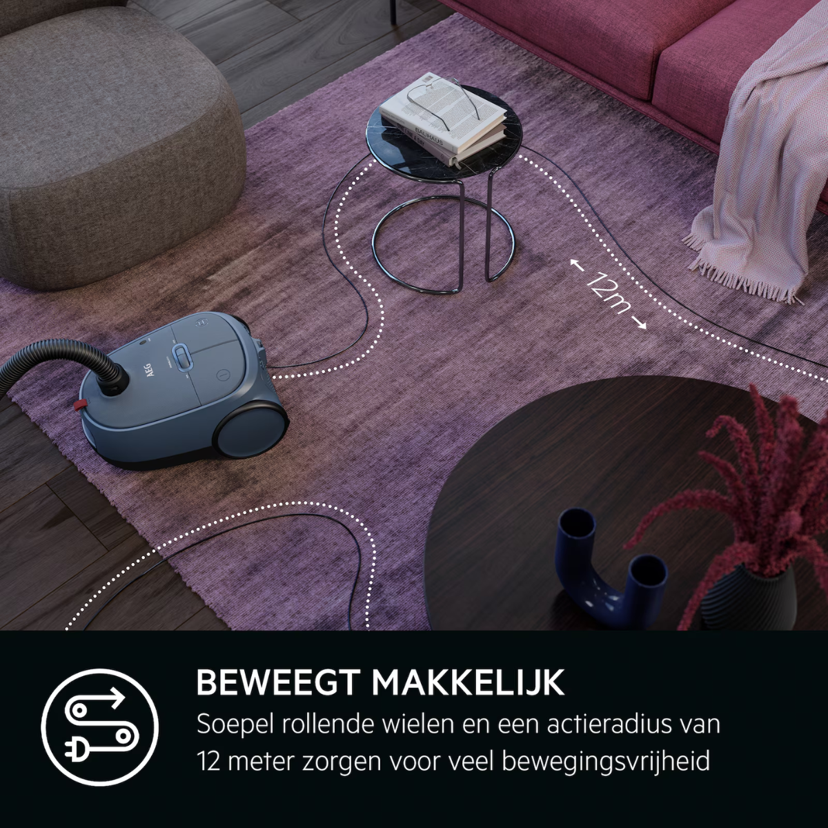 Een stofzuiger op een paars tapijt met tekst in het Nederlands.