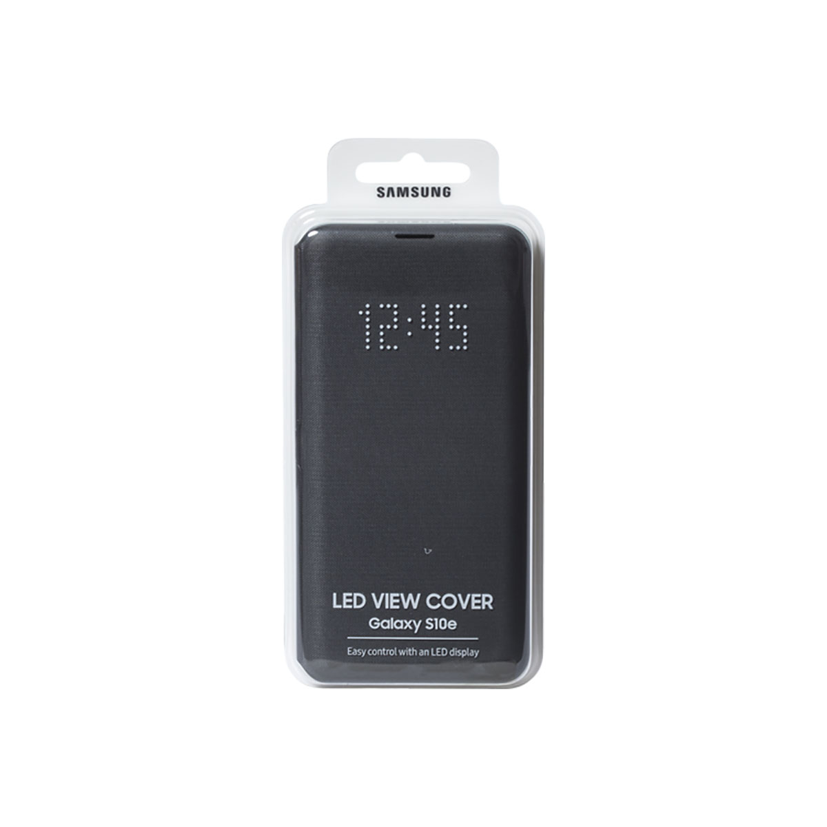 Eine schwarze Samsung LED View Cover für ein Galaxy S10e, mit digitaler Uhranzeige.