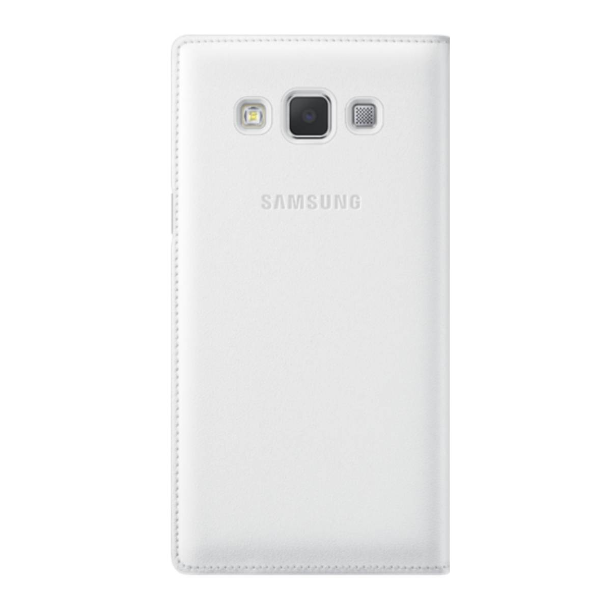 Funda blanca para teléfono Samsung con recorte para cámara y flash sobre fondo blanco.