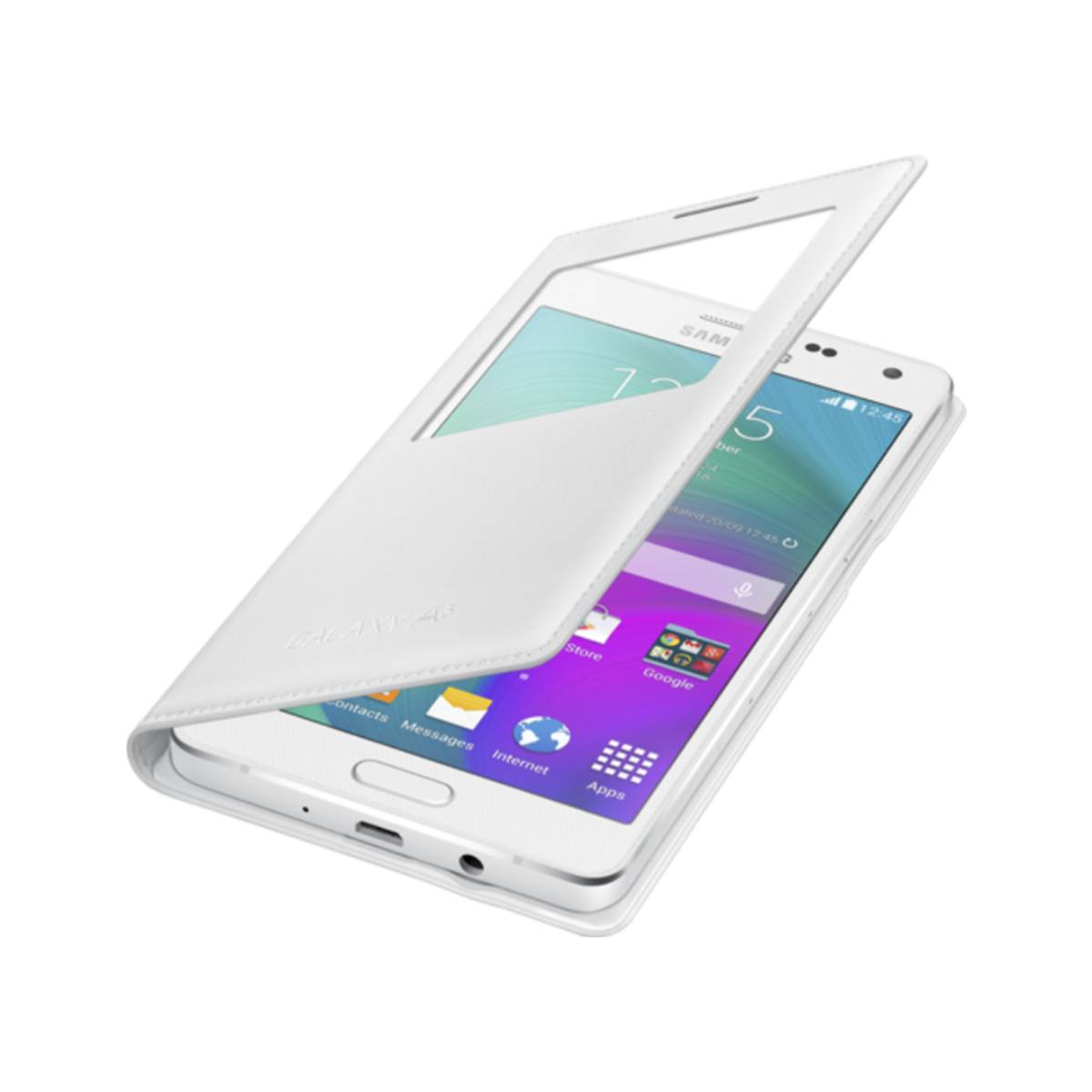 Smartphone blanco con funda blanca abierta, mostrando la pantalla. Iconos visibles.