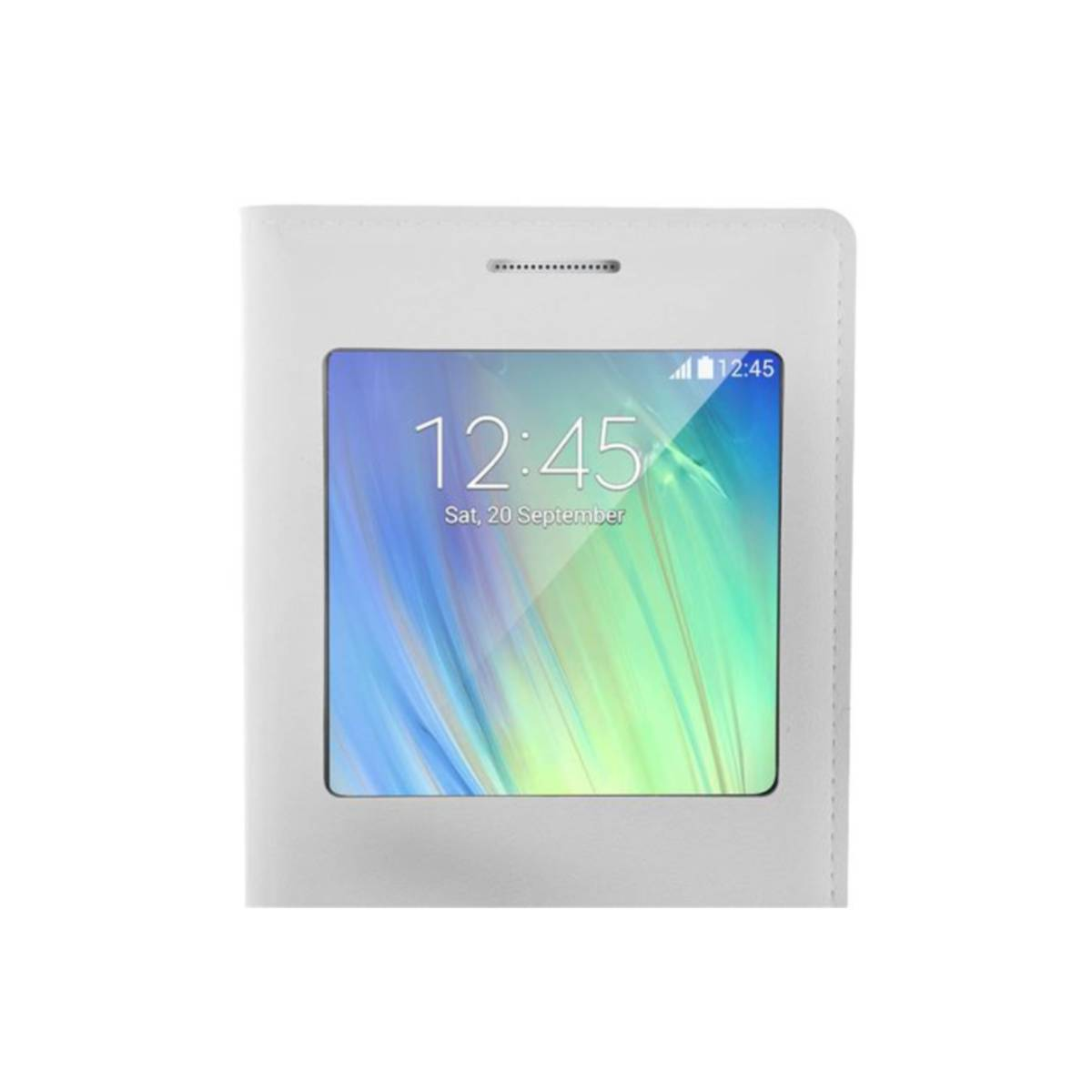 Una funda blanca para teléfono con una pantalla que muestra la hora y la fecha.