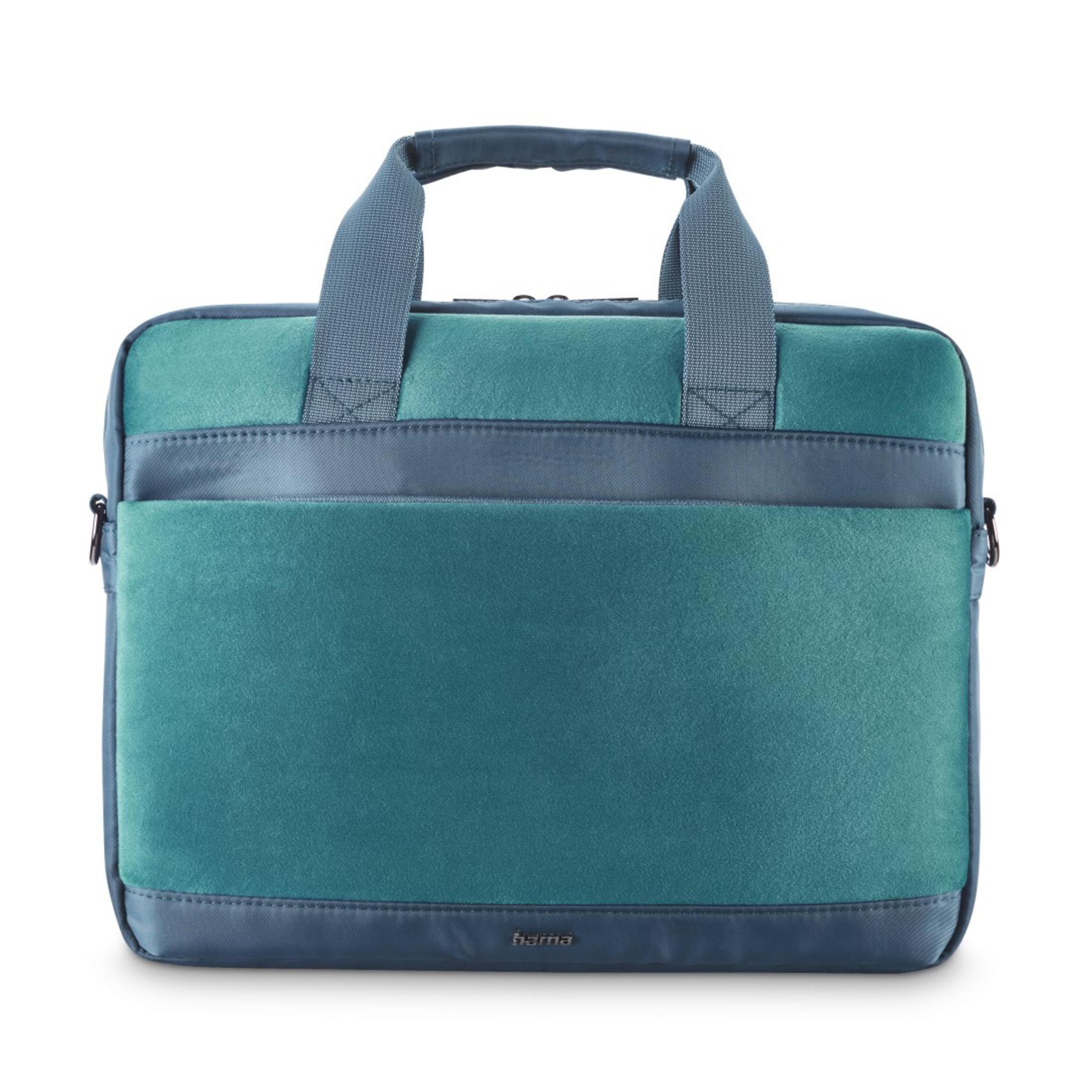 Borsa per laptop verde acqua e grigia con manico e tasca frontale. C'è scritto 'hama'.