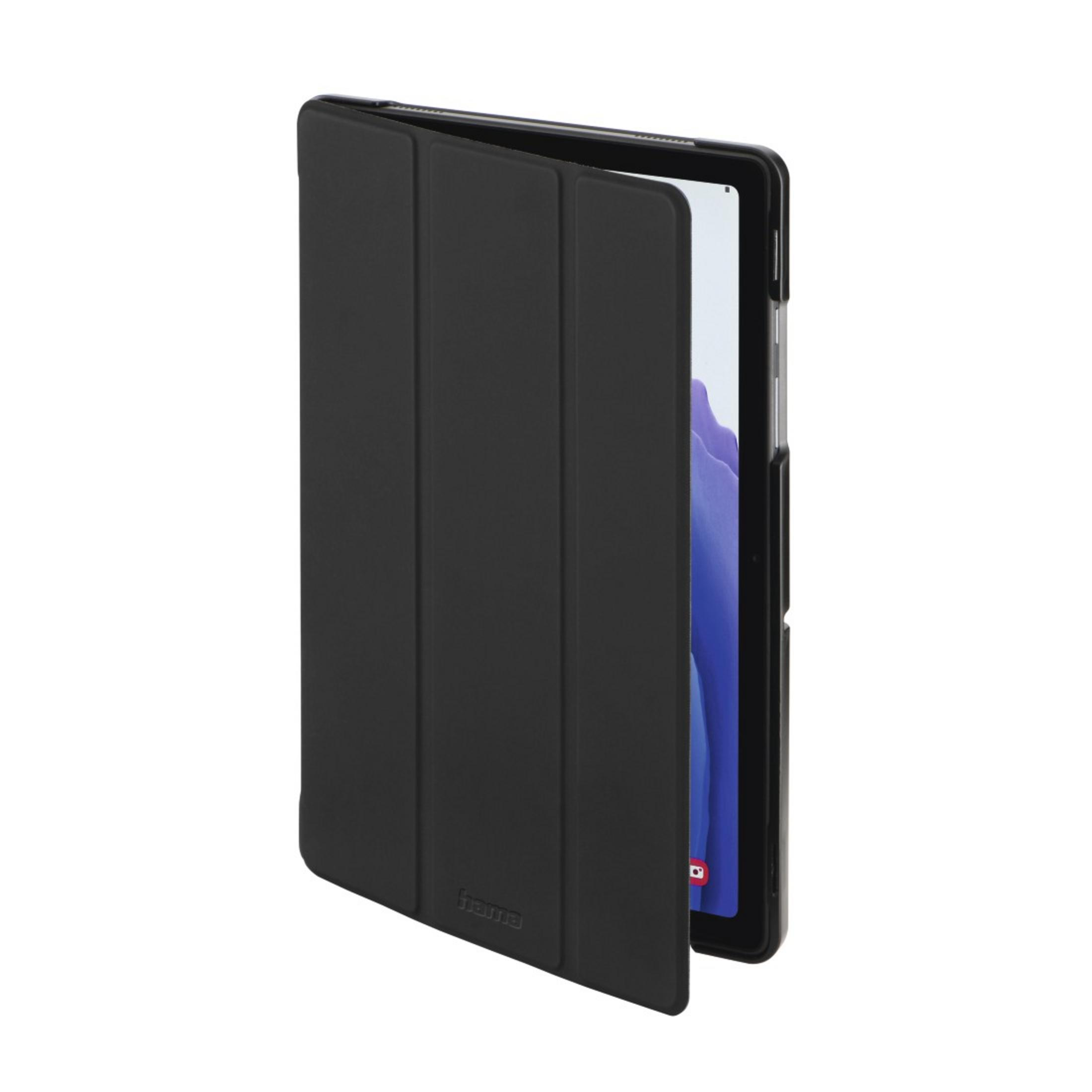 Schwarze Tablethülle. Die Hülle ist geöffnet, um ein Tablet im Inneren zu zeigen. Weißer Hintergrund.