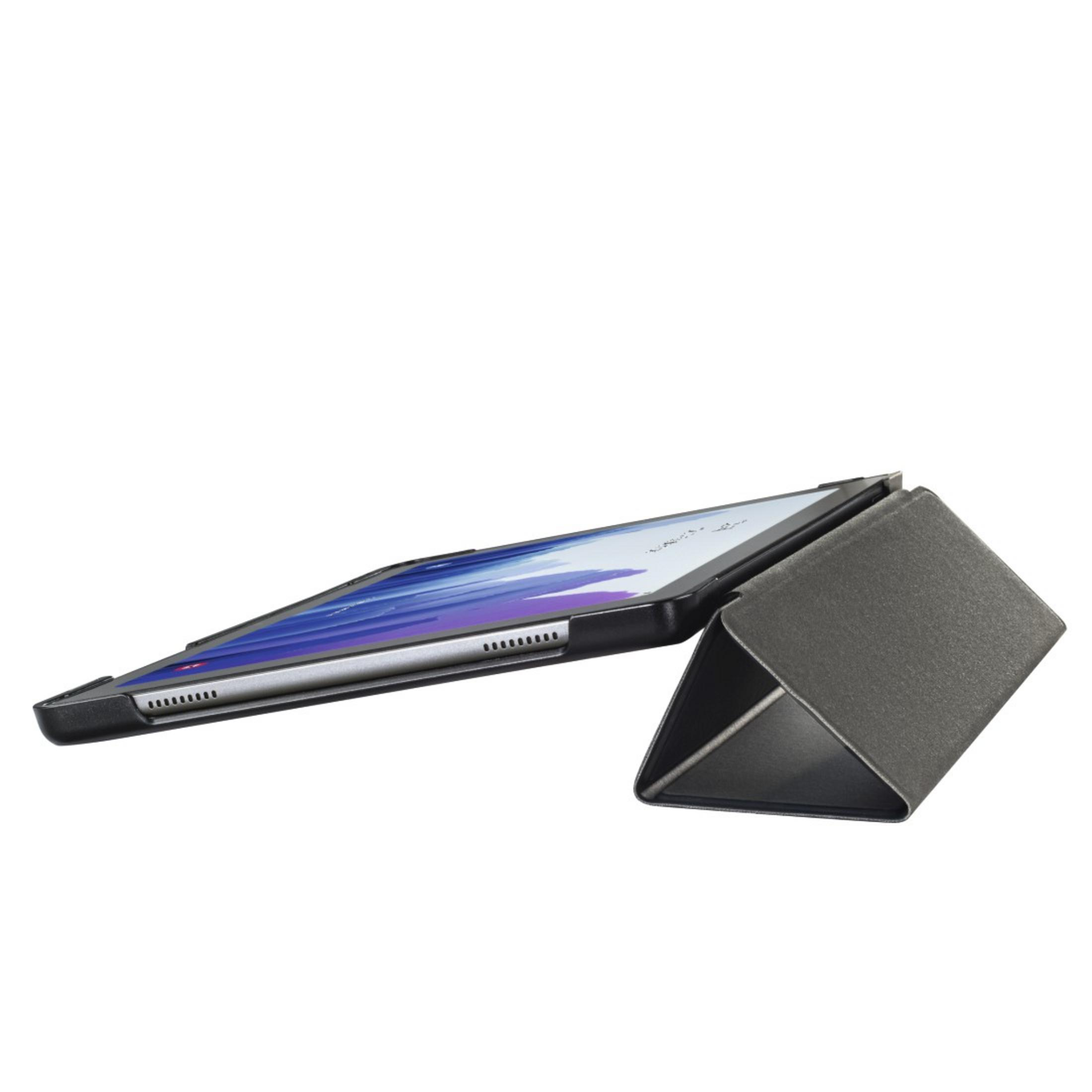 Tablet mit grauem Gehäuse, aufgestellt. Das Gehäuse ist angewinkelt und der Bildschirm zeigt eine Benutzeroberfläche. Weißer Hintergrund.