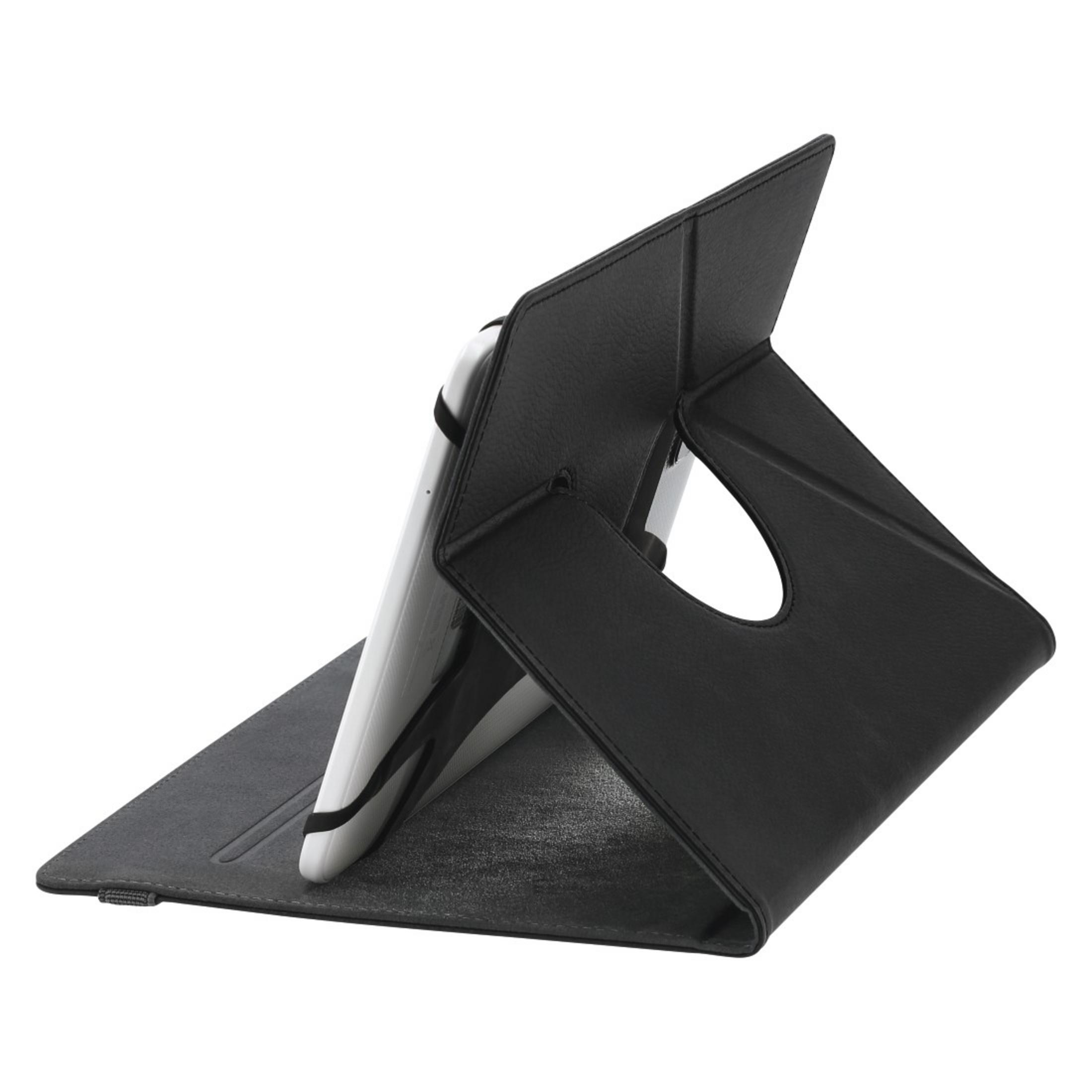 Ein schwarzes Tablet in einem Ständer, abgewinkelt zur Ansicht.