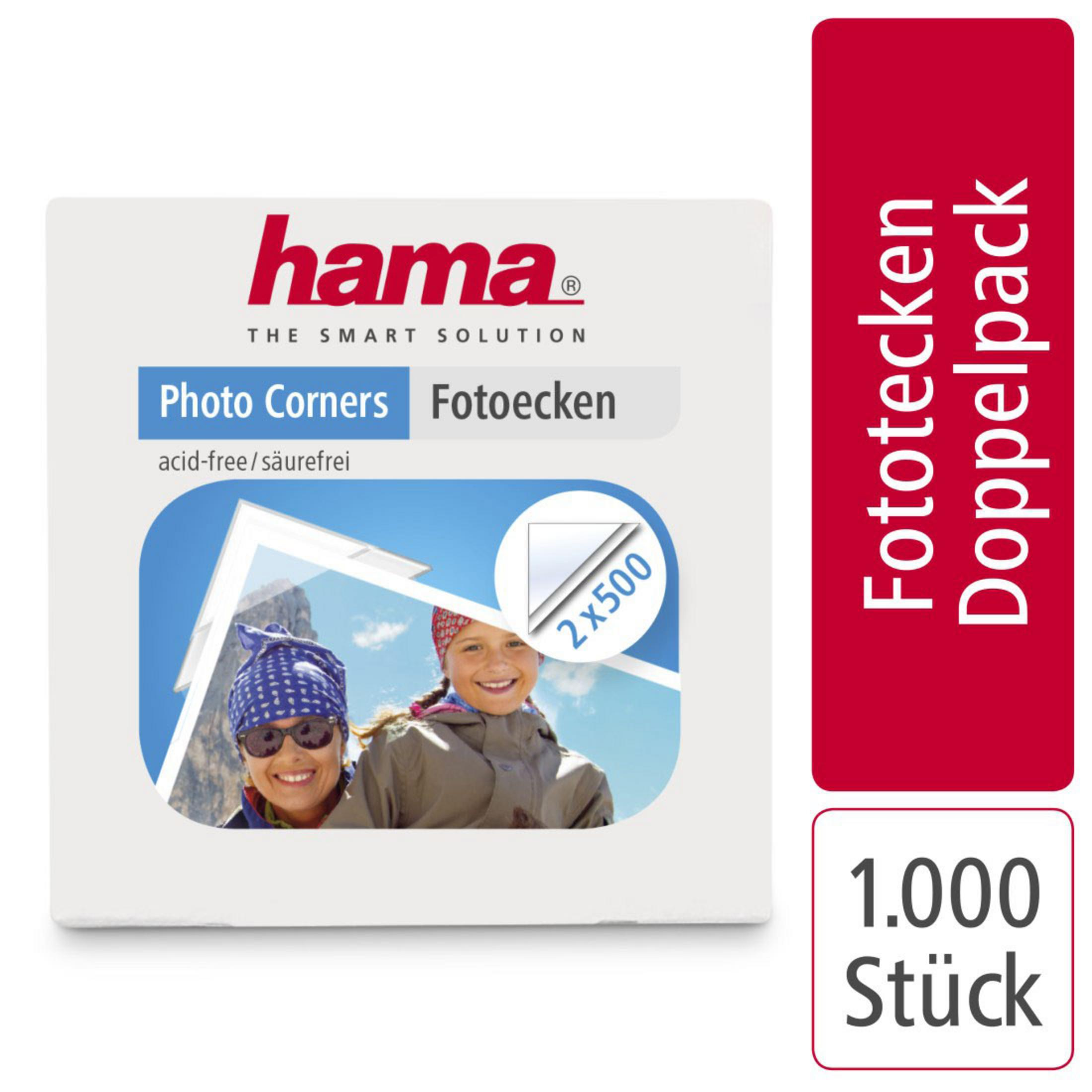 Eine weiße Packung Fotoecken mit Foto von zwei Personen und rotem Etikett.