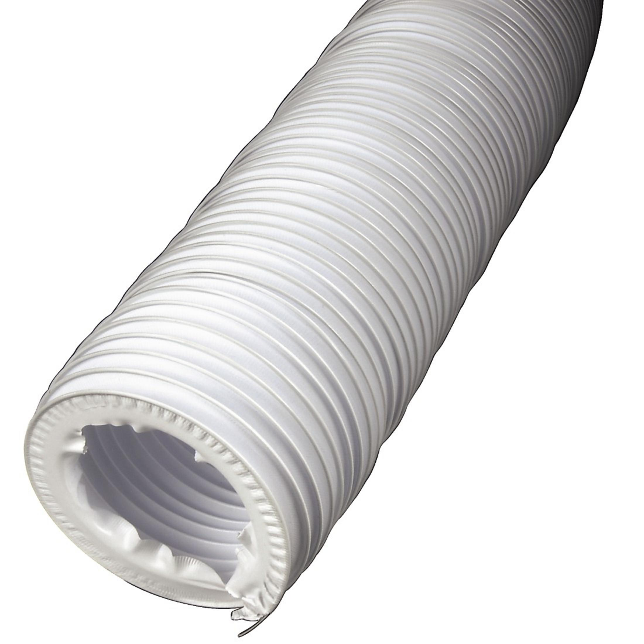 Un condotto di ventilazione bianco e flessibile. È ondulato e ha un diametro ampio.