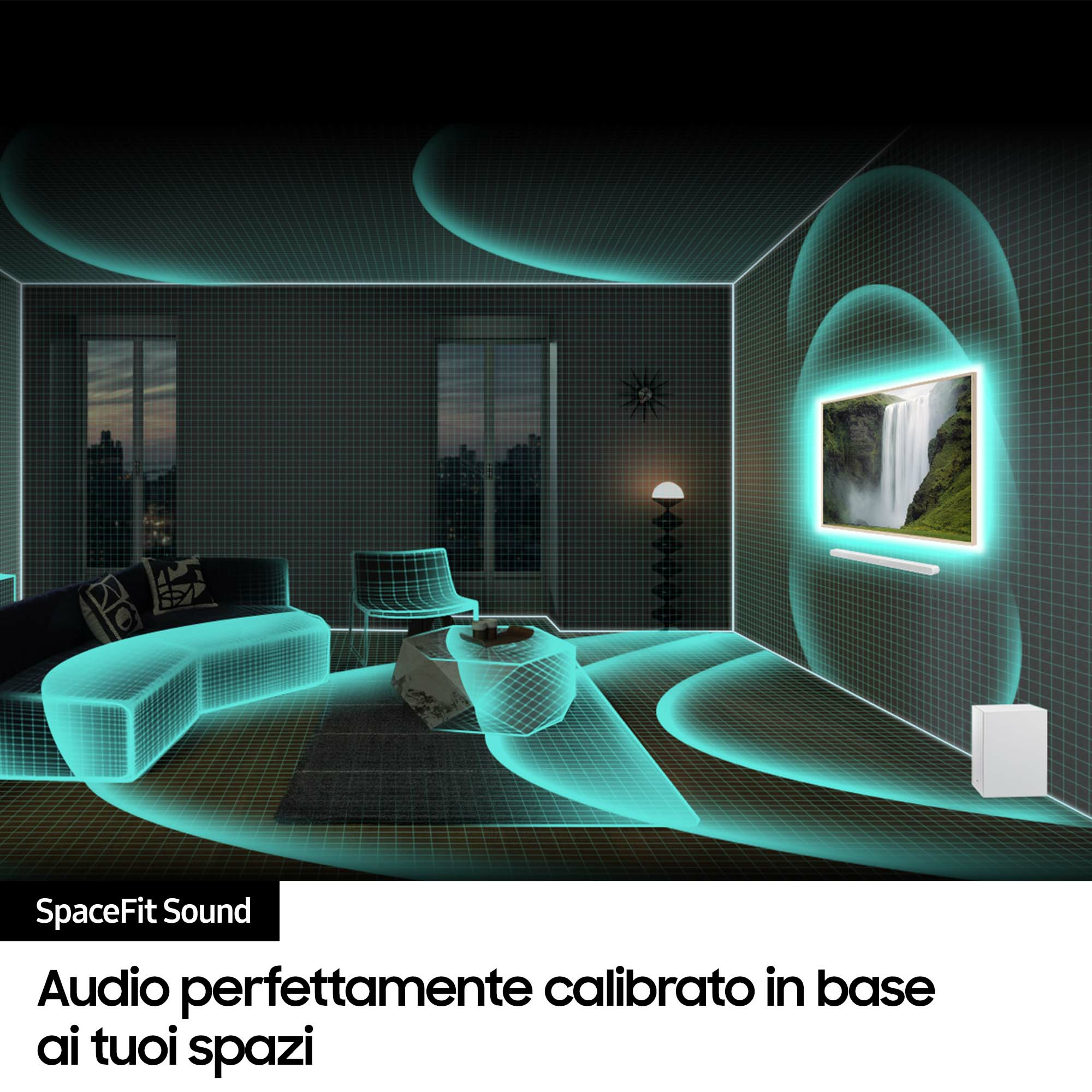 Wnętrze pokoju z telewizorem pokazującym scenę wodospadu, soundbarem i subwooferem. Efekt zielonego światła.