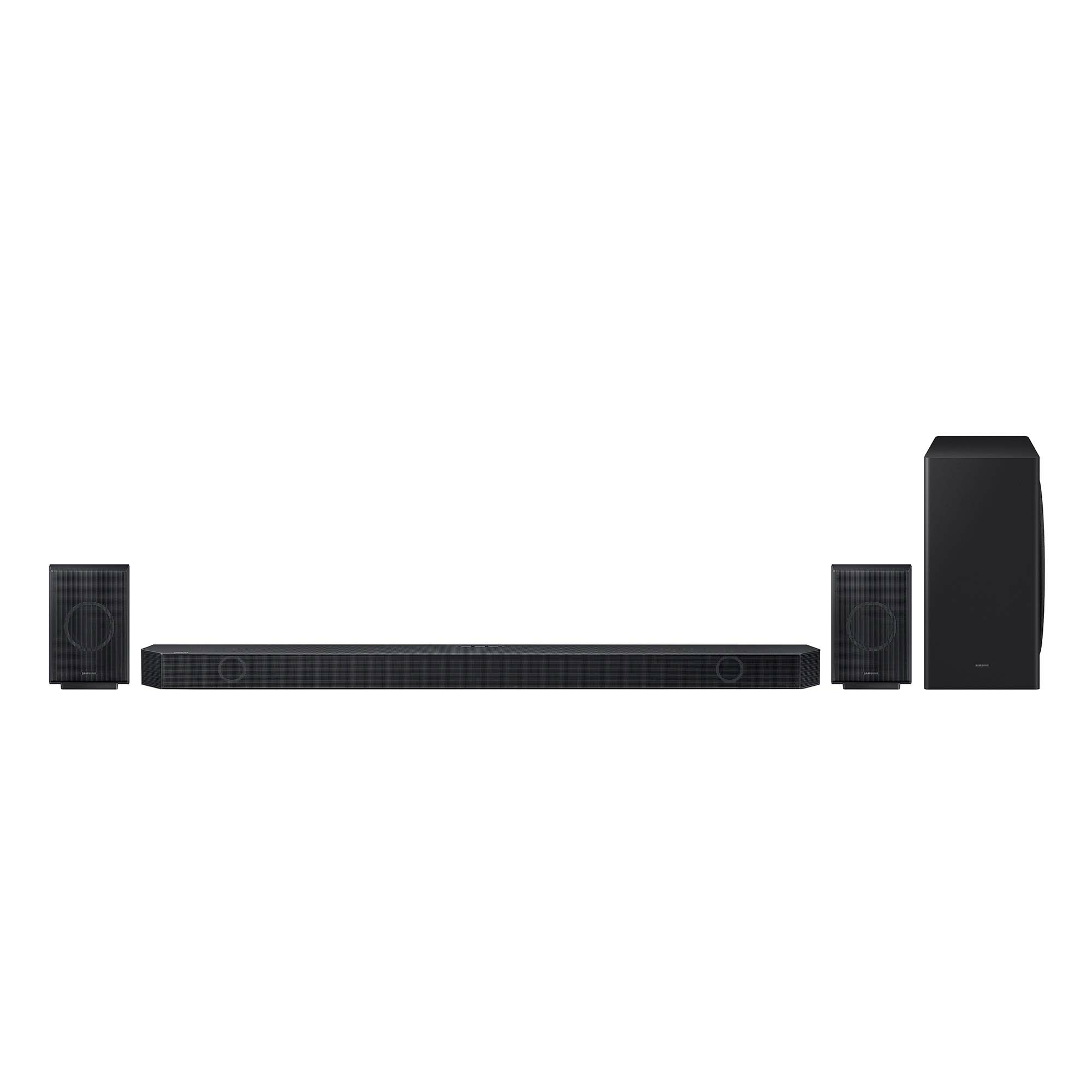 Soundsystem: Soundbar, zwei Lautsprecher und Subwoofer, schwarz.