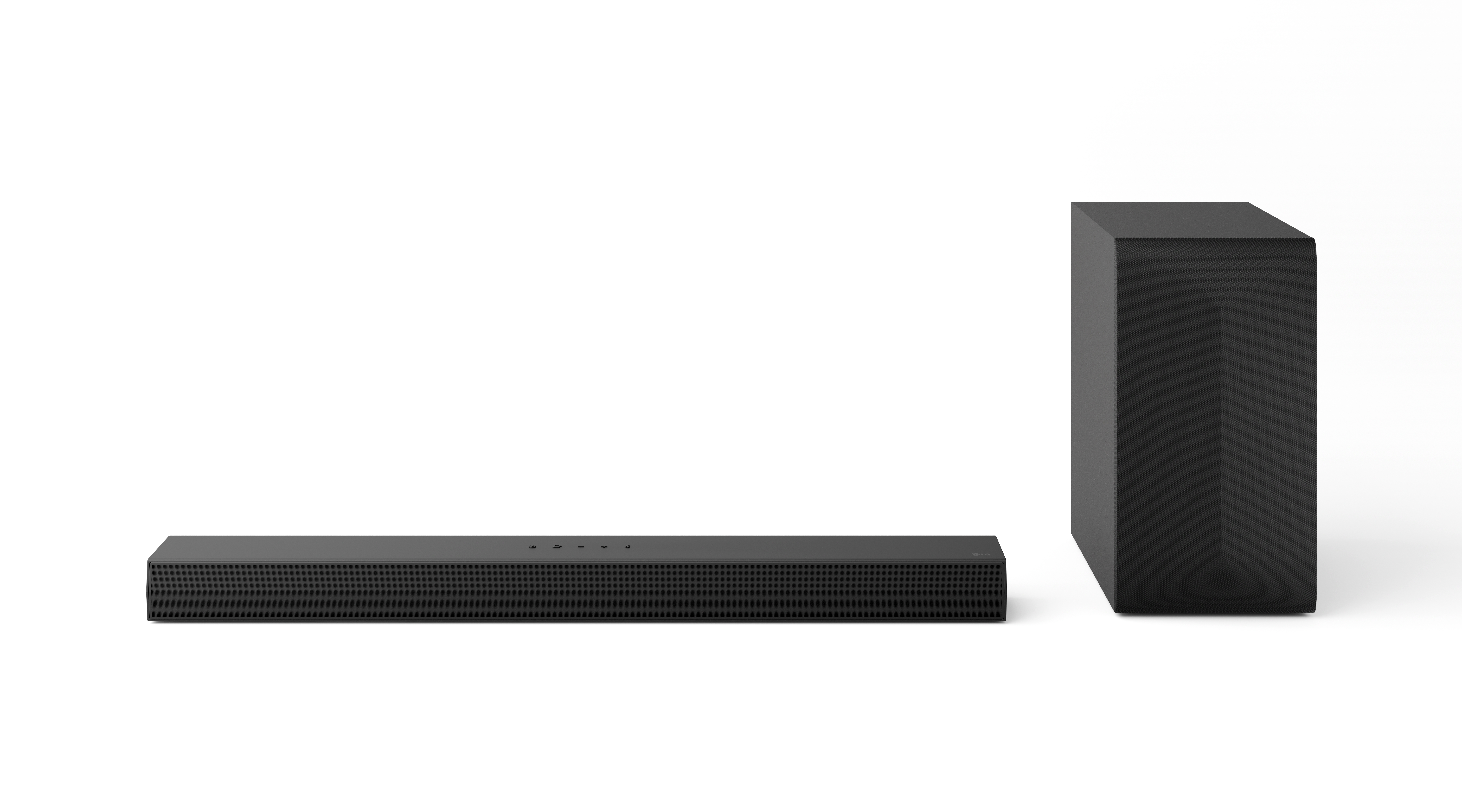 Czarny soundbar z czarnym subwooferem. Soundbar jest długi, a subwoofer to kostka.