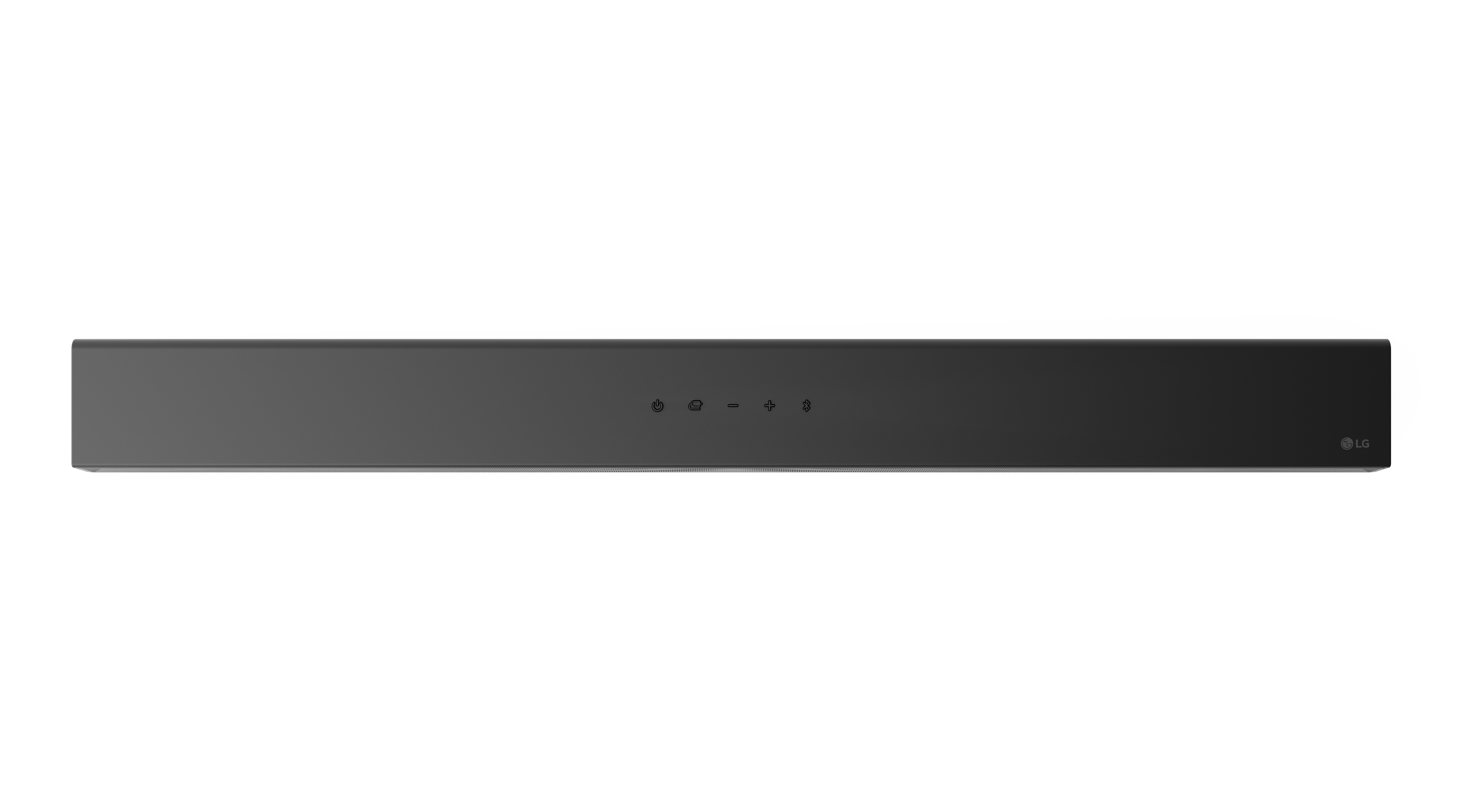 Eine schwarze Soundbar. Die Oberseite hat Steuertasten. Das Logo 'LG' ist sichtbar.