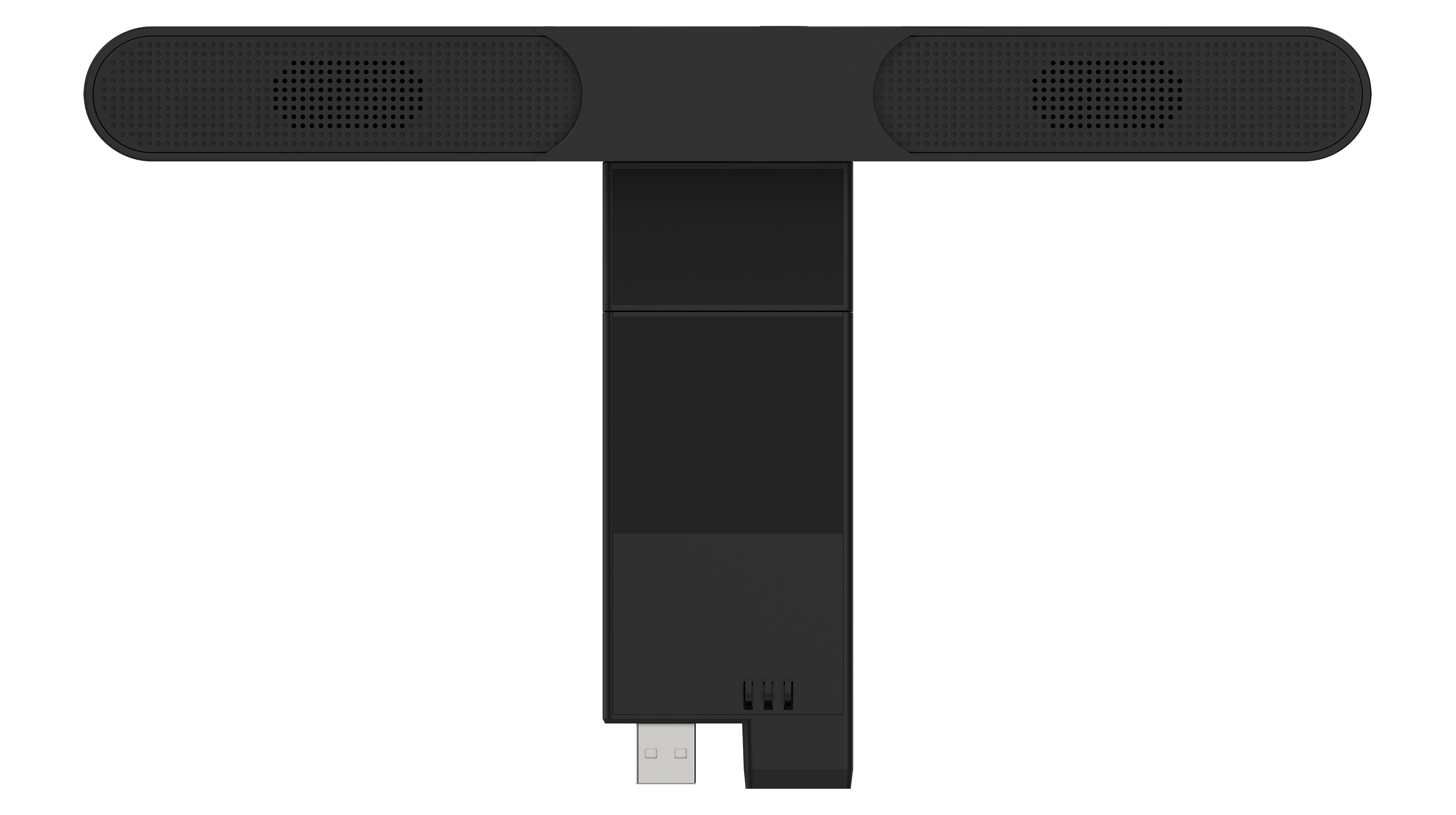 Ein schwarzes Gerät mit zwei Lautsprechern und einem USB-Anschluss, das einer Soundbar ähnelt.