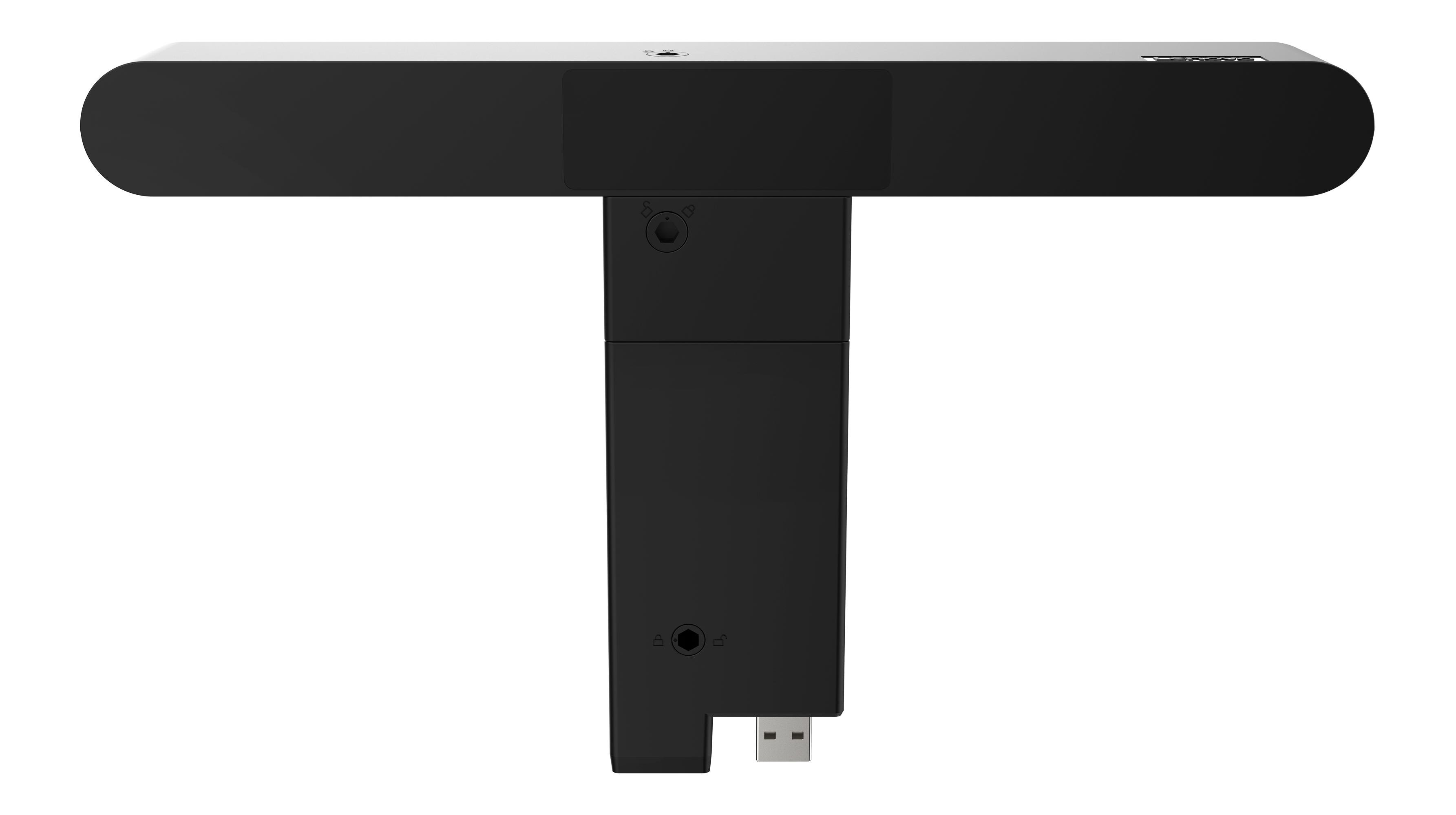 Schwarz-weiße Soundbar in T-Form. Mit USB-Anschluss und Kopfhöreranschluss unten.