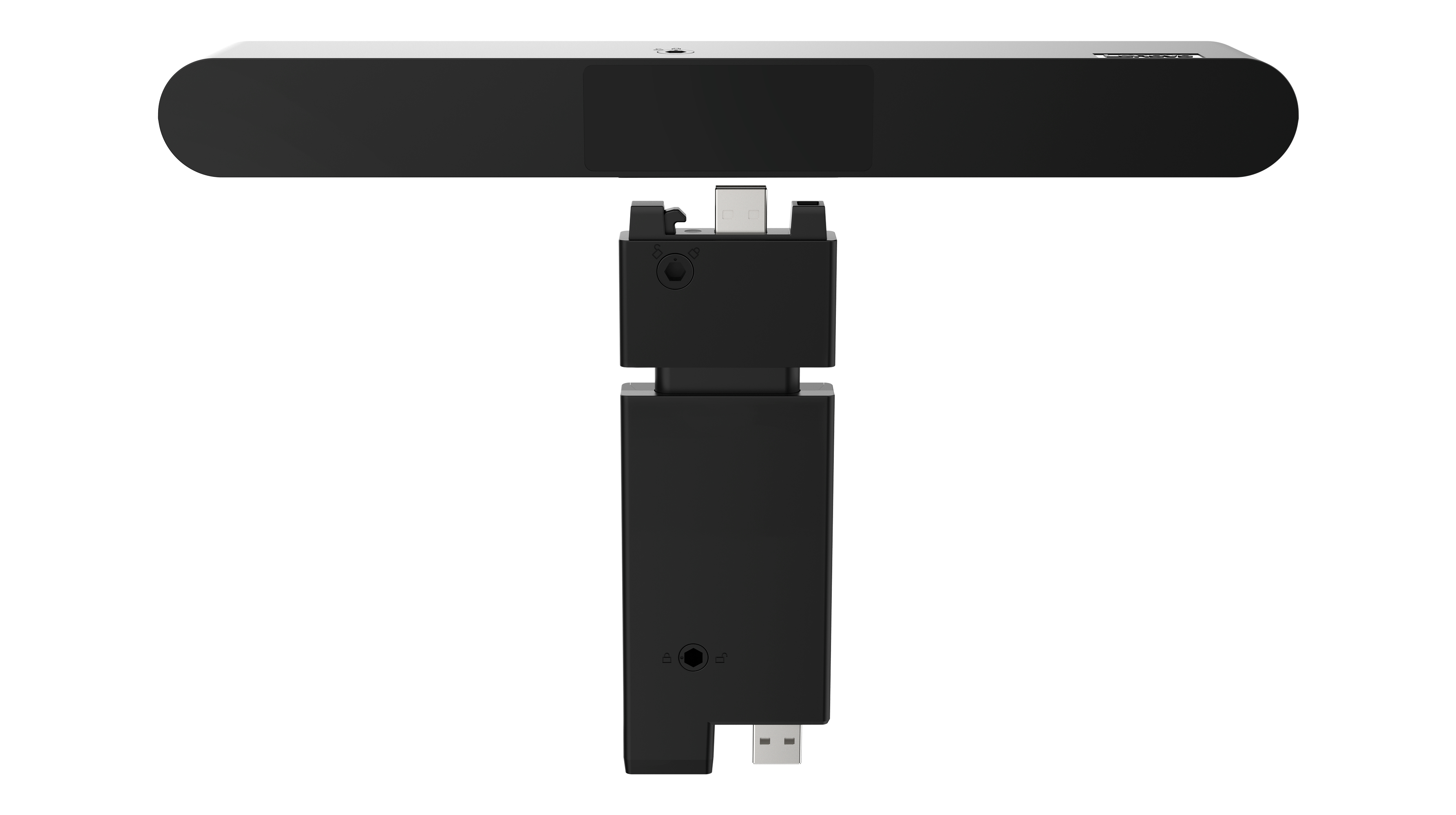 Eine schwarze Soundbar und ein schwarzes T-förmiges Gerät, wahrscheinlich für Videokonferenzen.
