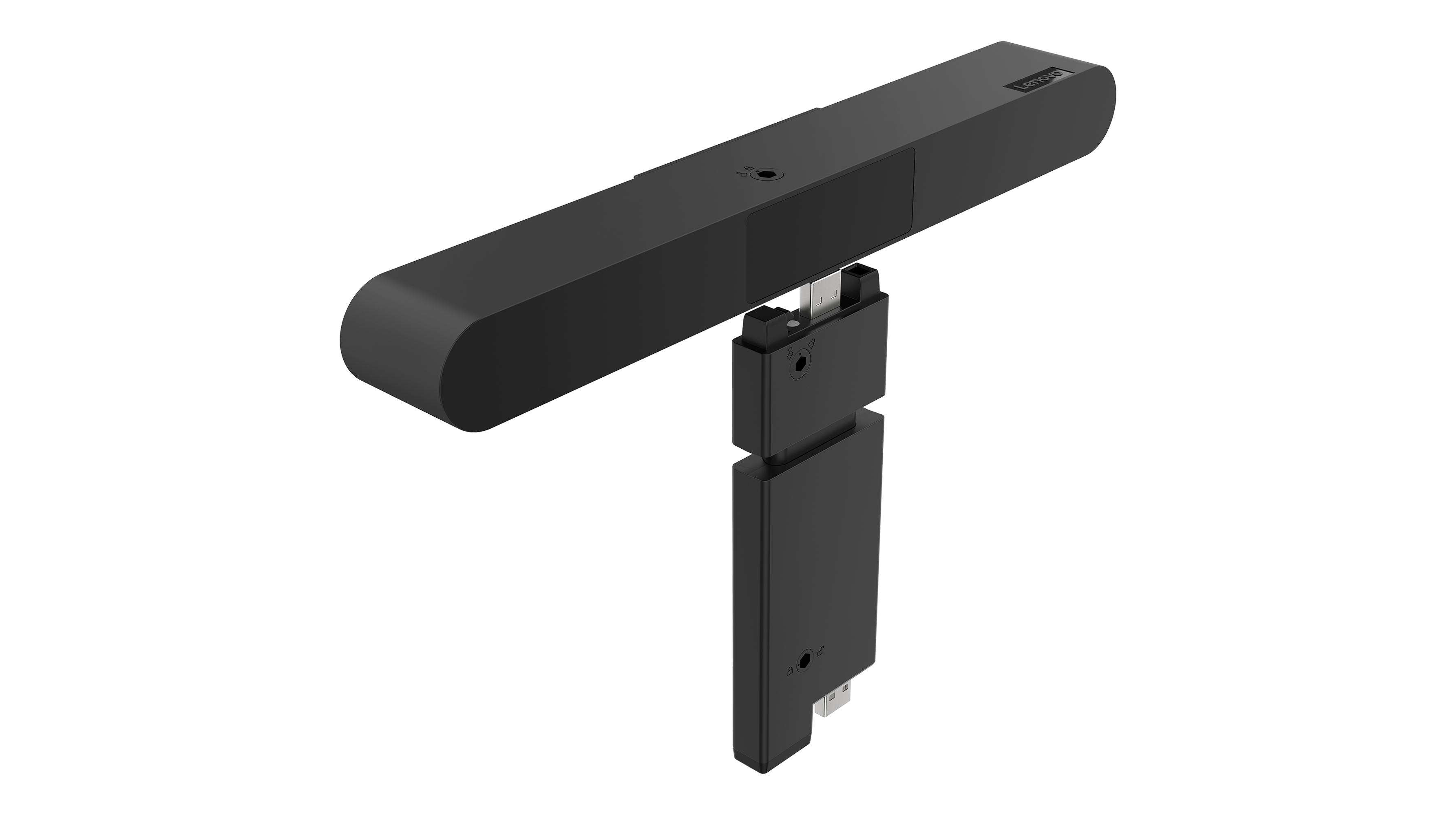 Schwarze Lenovo Webcam-Leiste mit abnehmbarem vertikalen Teil. Weißer Hintergrund.