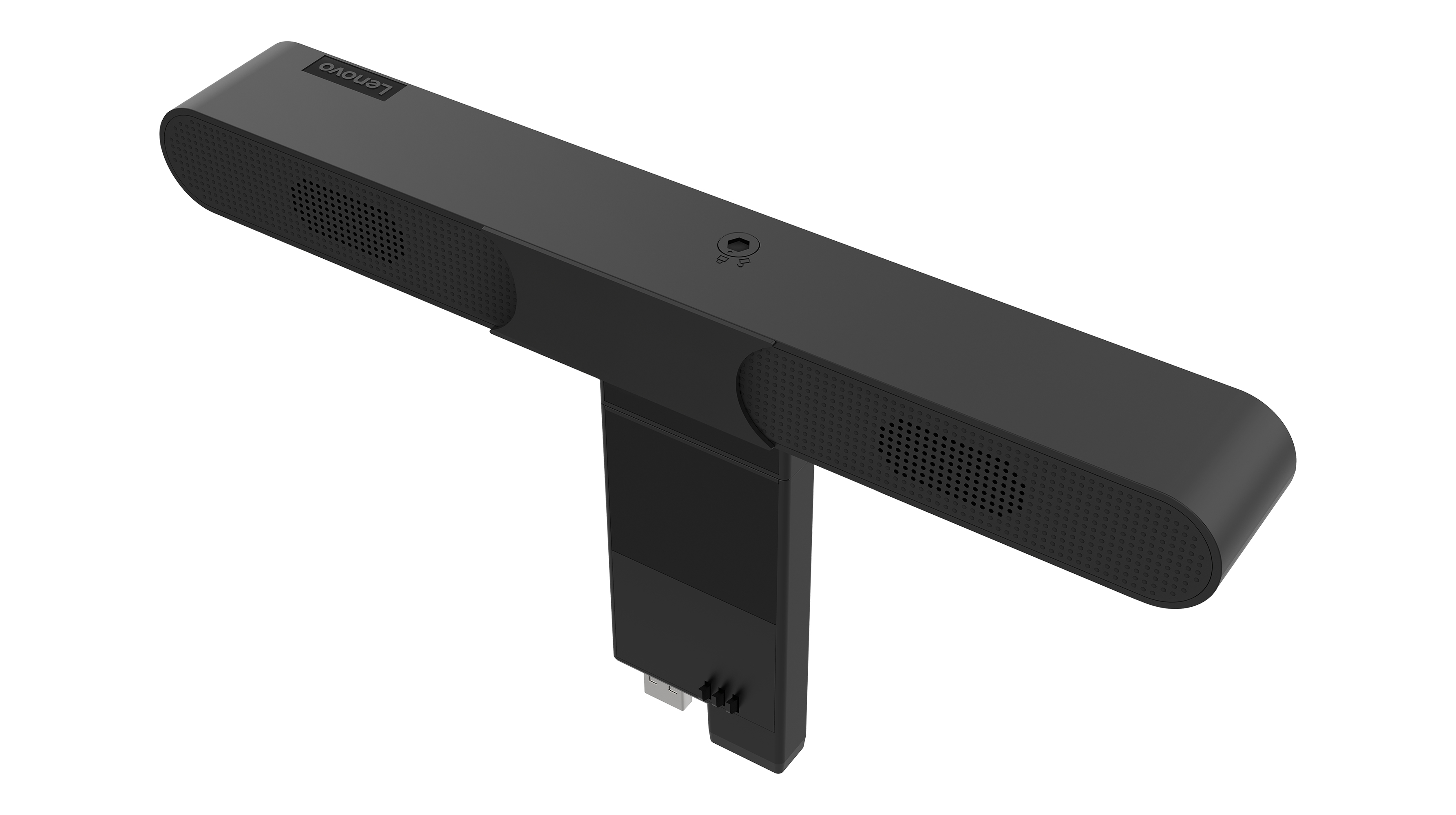 Schwarze Lenovo-Videoleiste. Sie hat zwei Lautsprechergrills und ein Mikrofonloch.