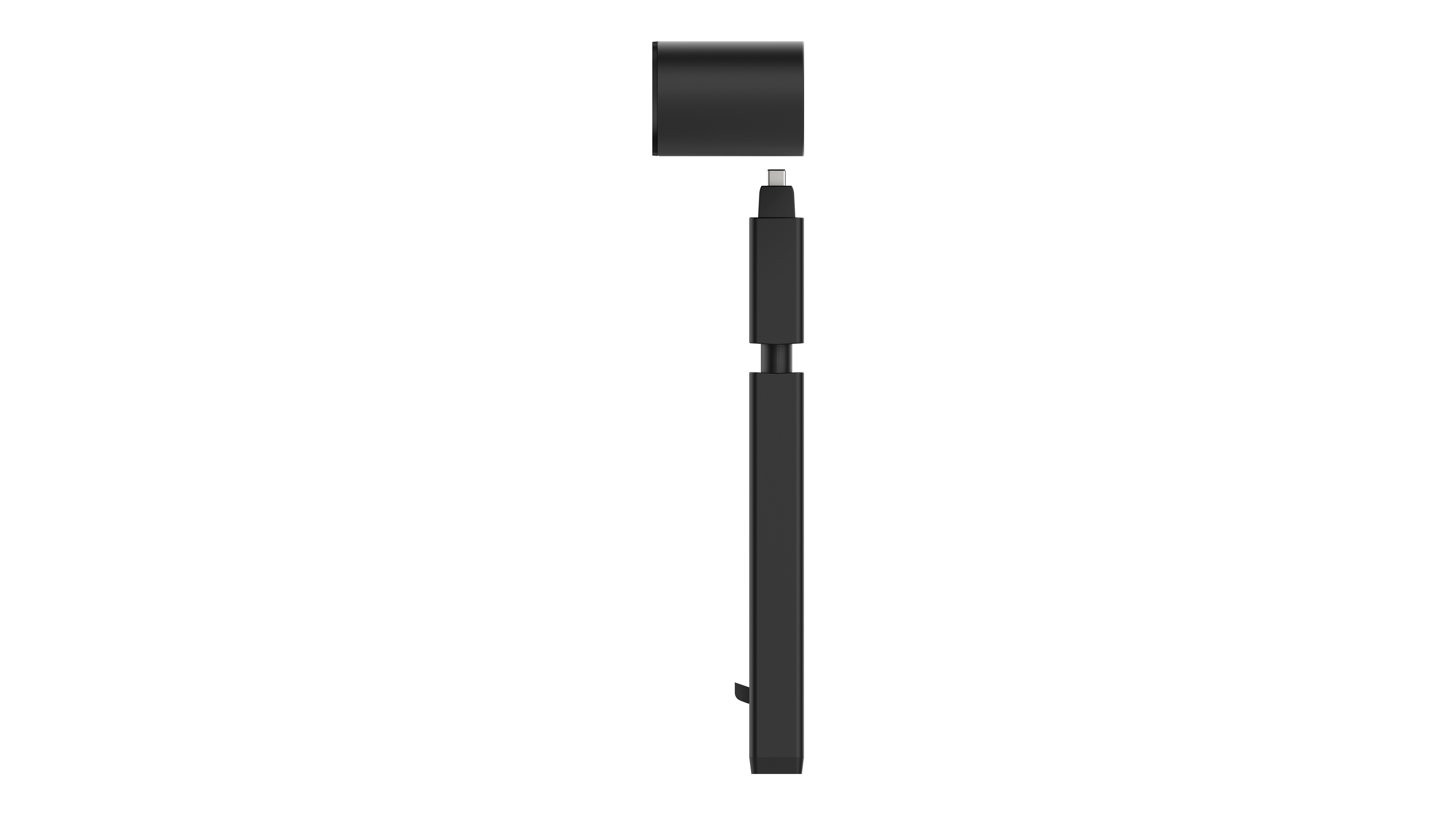 Ein schwarzes, schlankes Gerät mit USB-C-Anschluss und Kappe, aufrecht stehend.