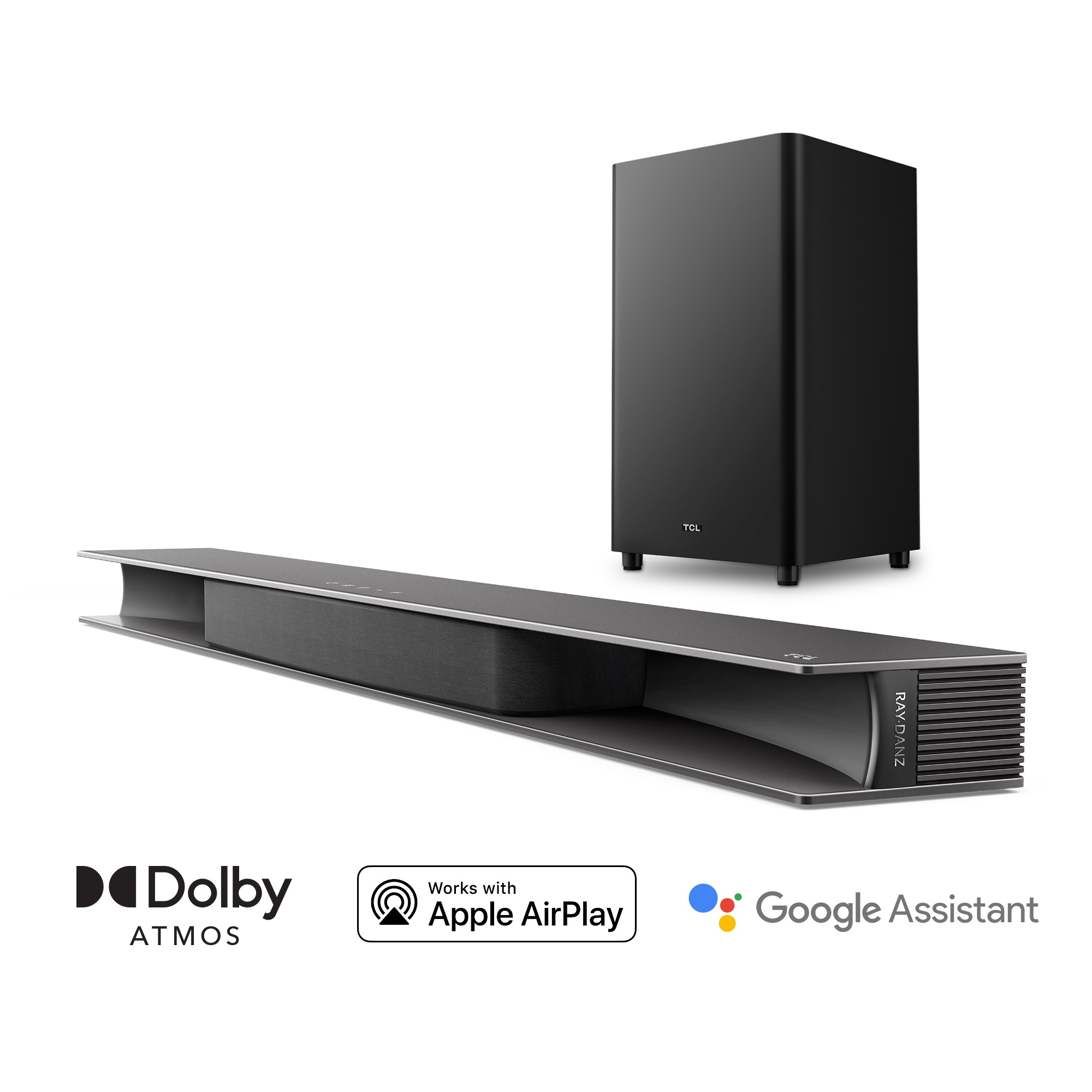 Barre de son et caisson de basses avec logos Dolby Atmos, Apple AirPlay et Google Assistant.