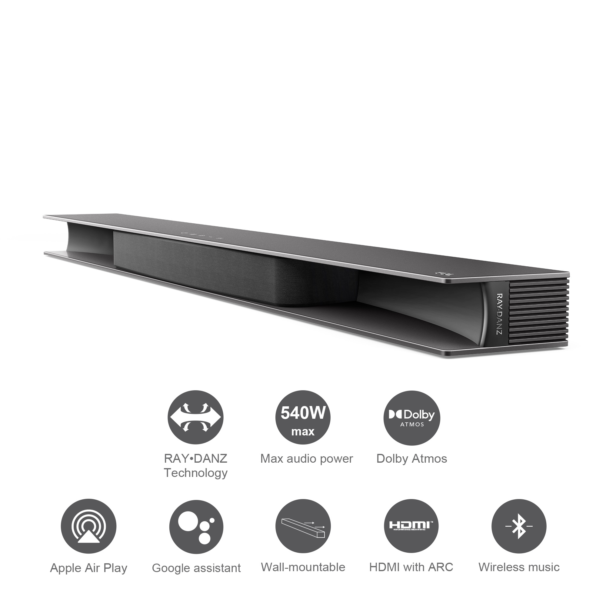 Barre de son avec icônes de fonctionnalités : Ray-Danz, puissance max, Dolby Atmos, Apple AirPlay, Google Assistant, etc.