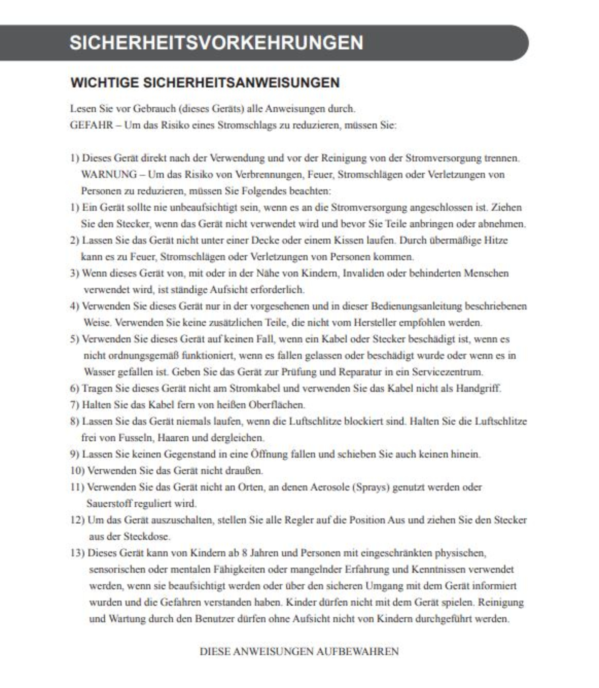 Ein Dokument mit Sicherheitshinweisen. Text ist auf Deutsch, mit Warnungen und Sicherheitsvorkehrungen.