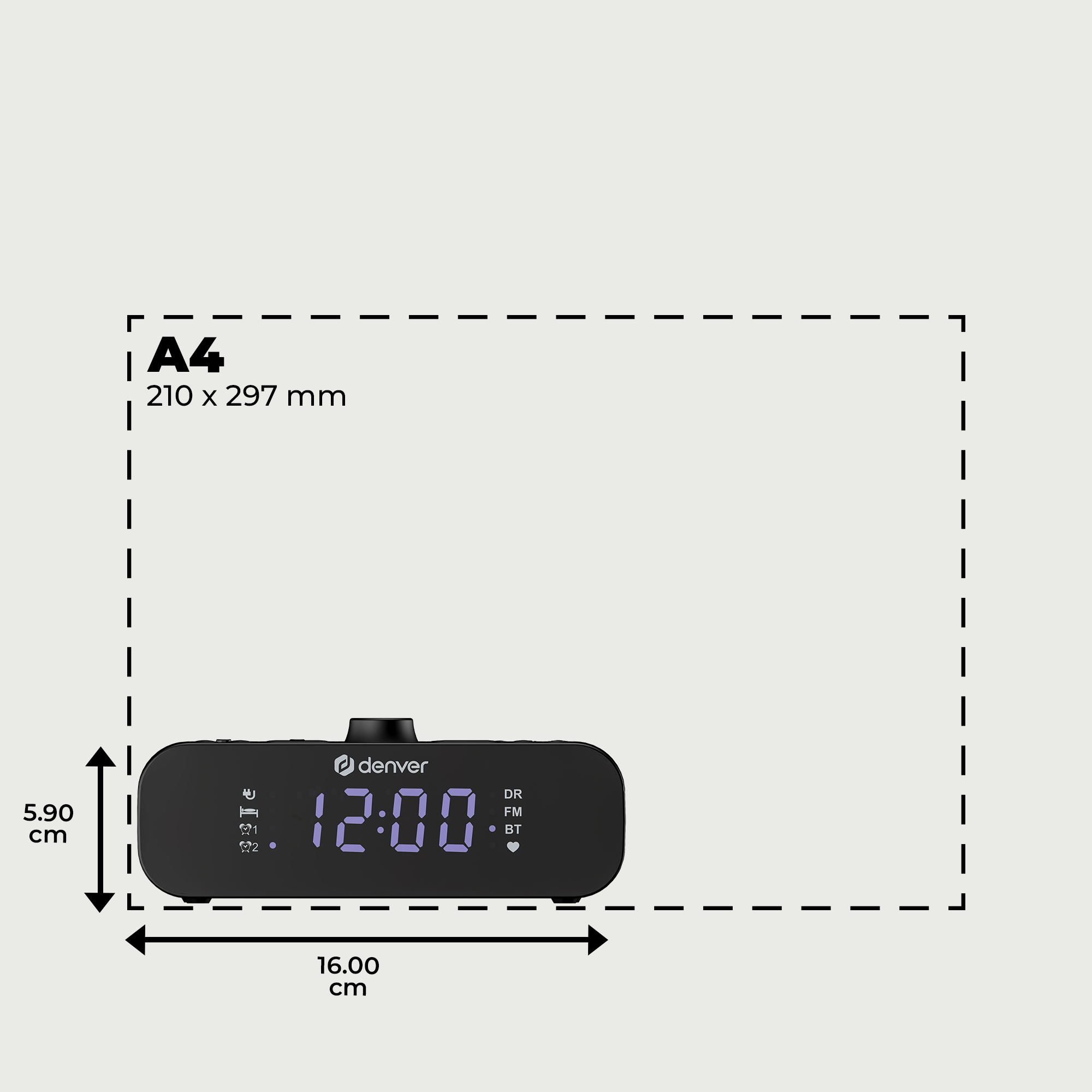 Schwarzer Denver-Wecker mit der Anzeige 12:00 Uhr. Die Abmessungen sind 16x5,9x21 cm.