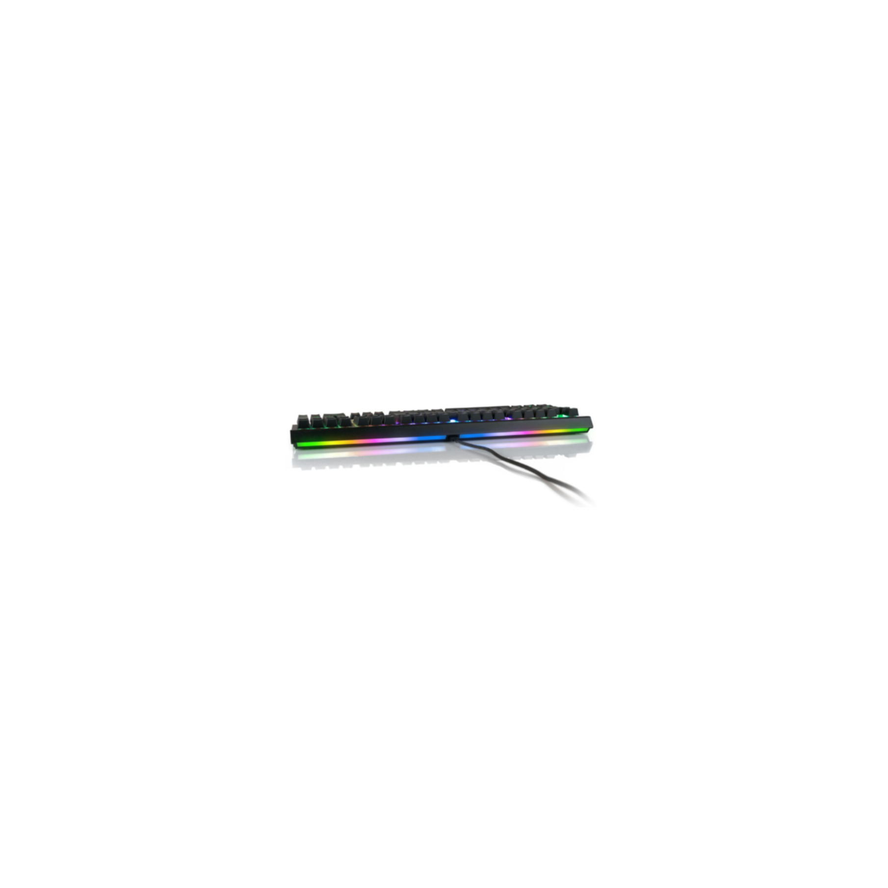 Una tastiera nera con tasti arcobaleno e un cavo nero.