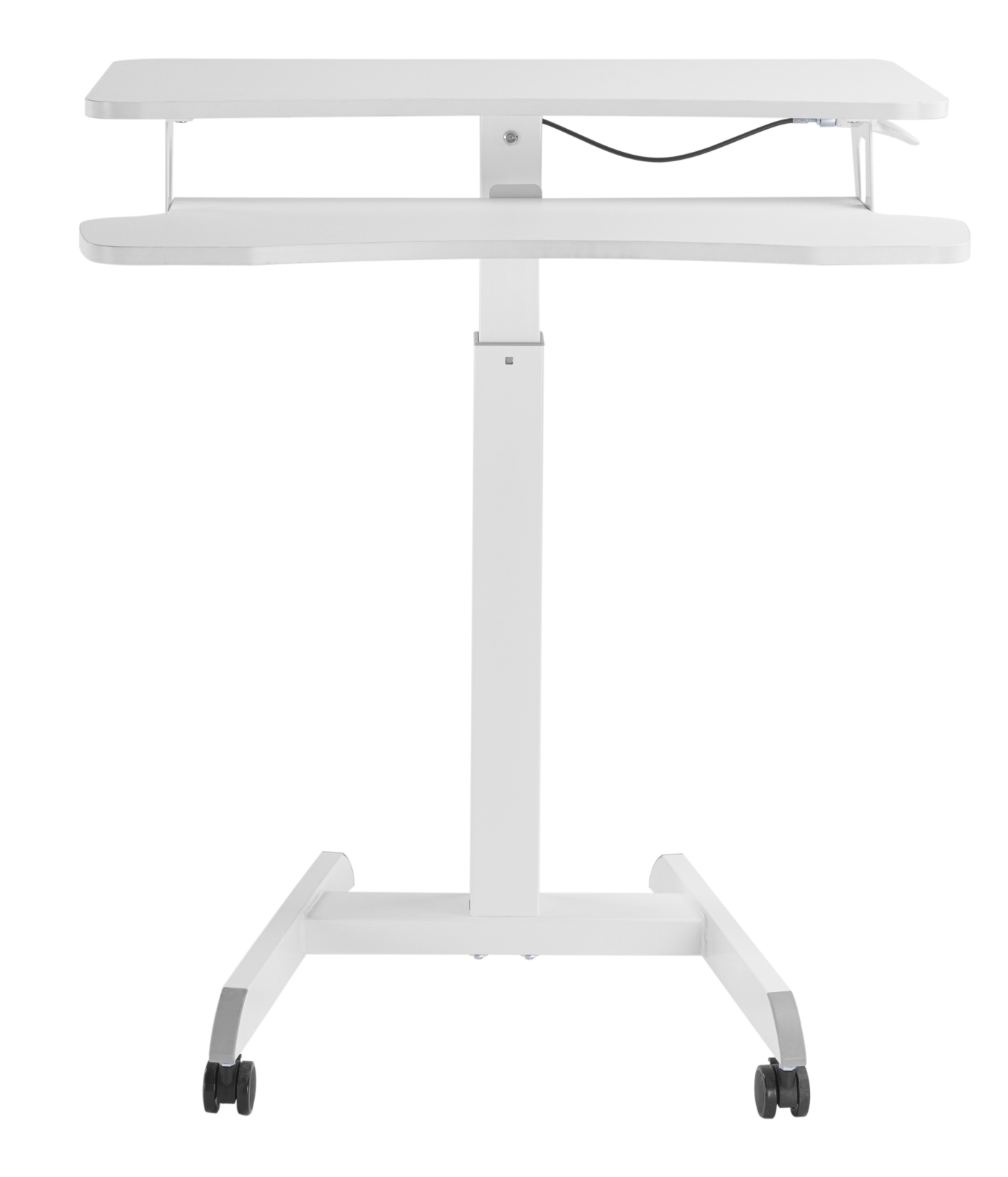 Een wit, verstelbaar zit-sta bureau met een oppervlak met twee niveaus en een stevig metalen frame op wielen.