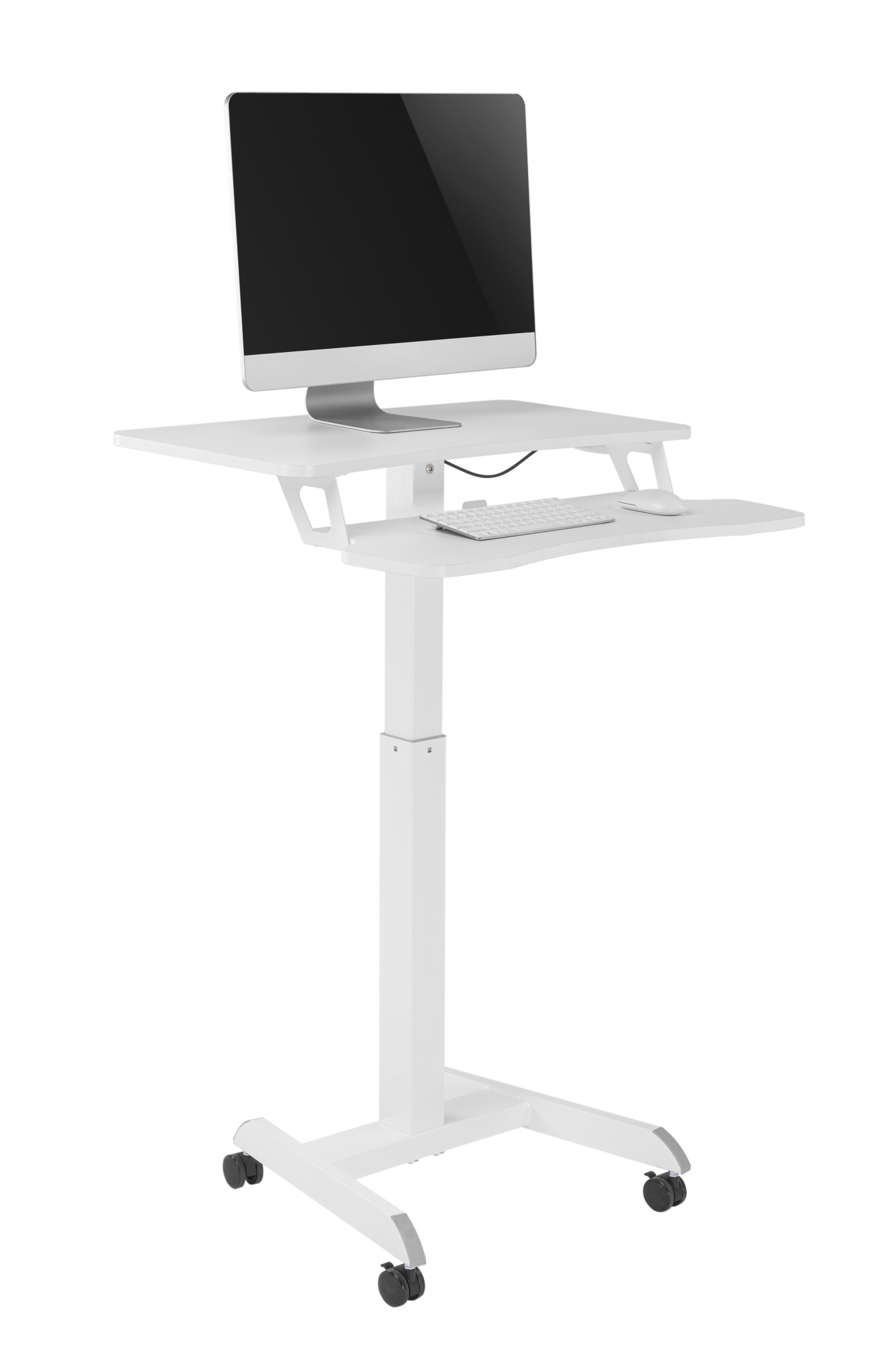 Een wit, verstelbaar zit-sta bureau met een computer en toetsenbord op het oppervlak met twee niveaus.