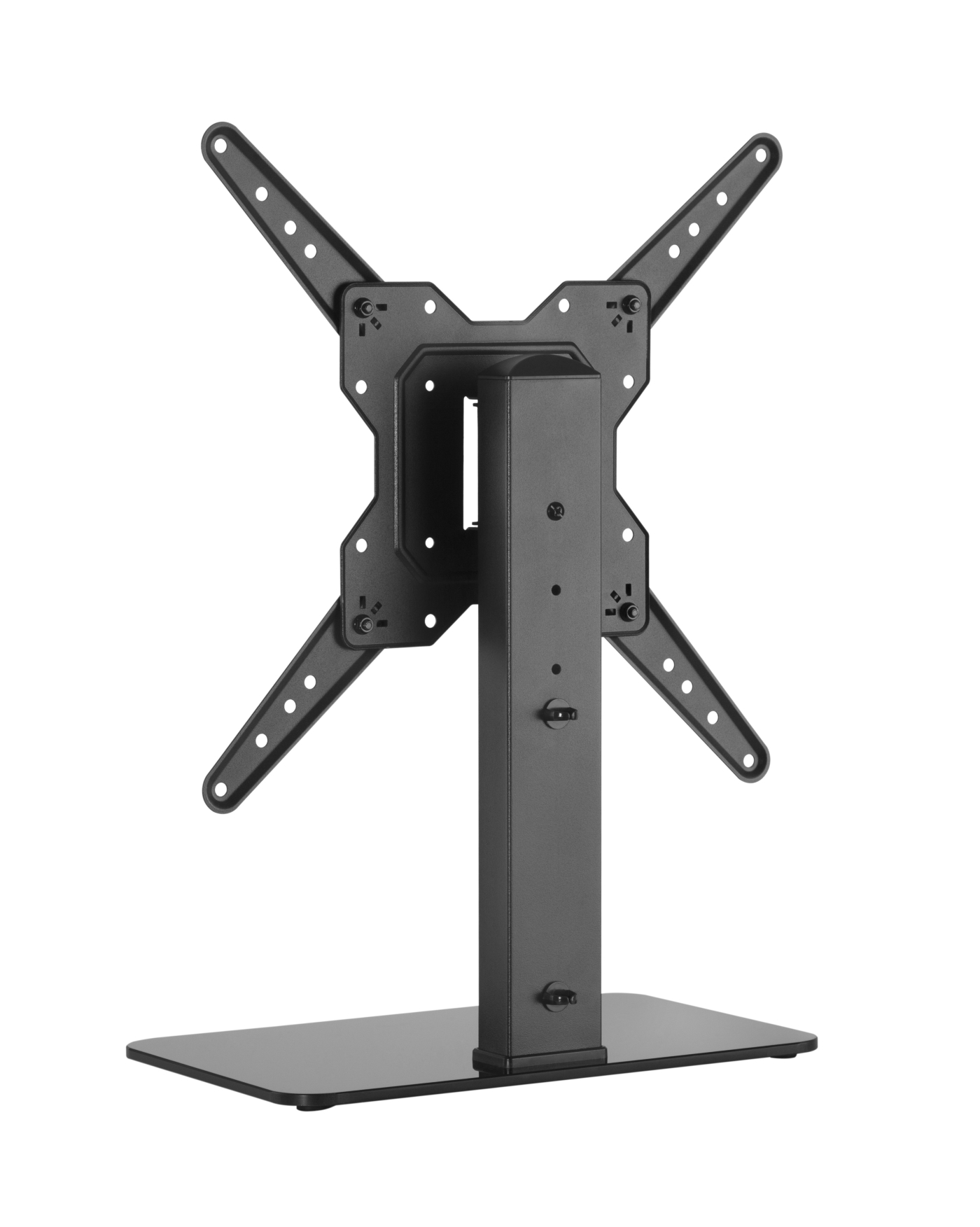 Een zwarte tv-standaard met een vierkante basis en een centrale paal die een tv-beugel ondersteunt.
