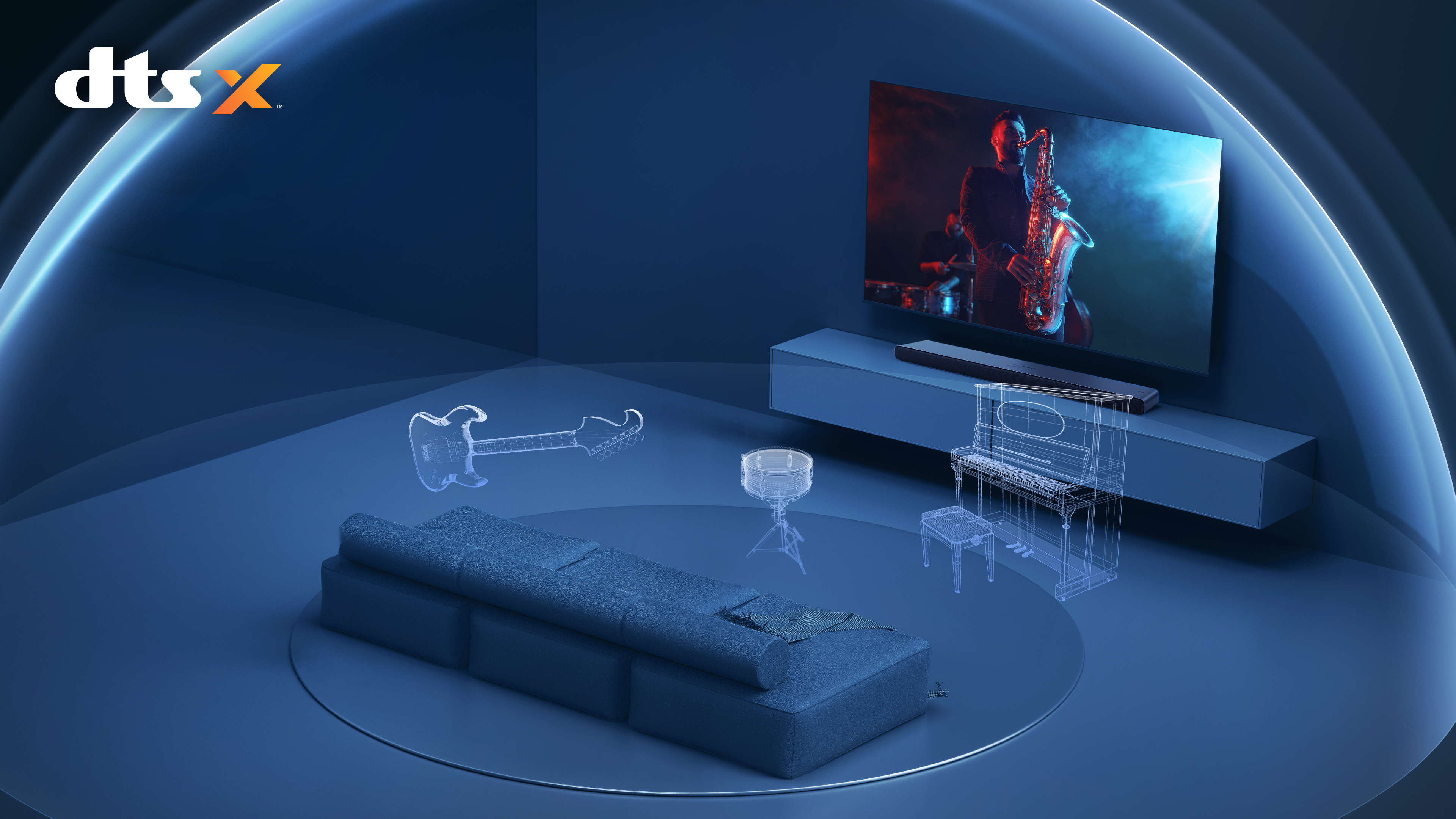 Ustawienie salonu z telewizorem, soundbarem, sofą i instrumentami muzycznymi renderowanymi na niebiesko.