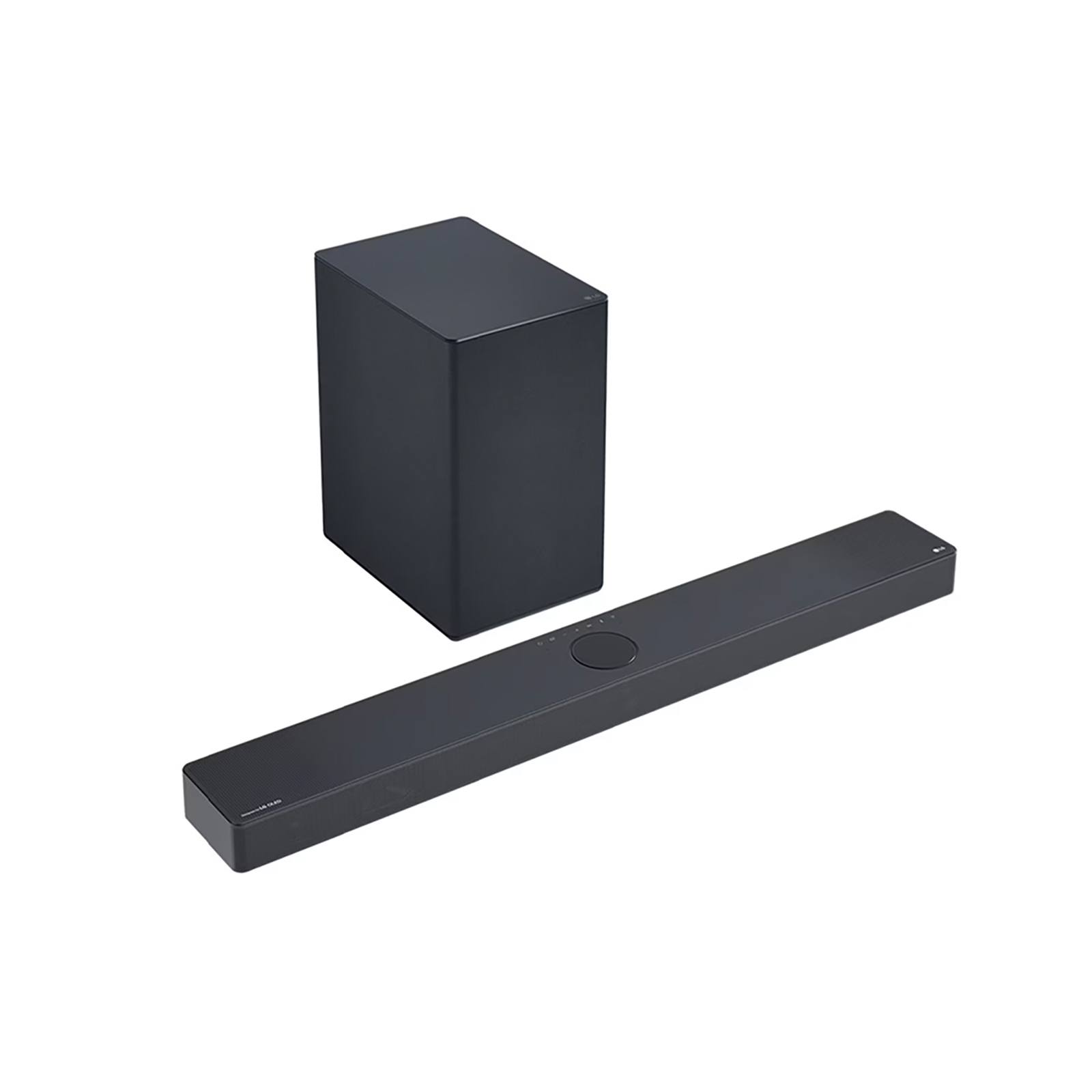 Czarny soundbar i subwoofer na białym tle. Obydwa wyglądają elegancko i nowocześnie.