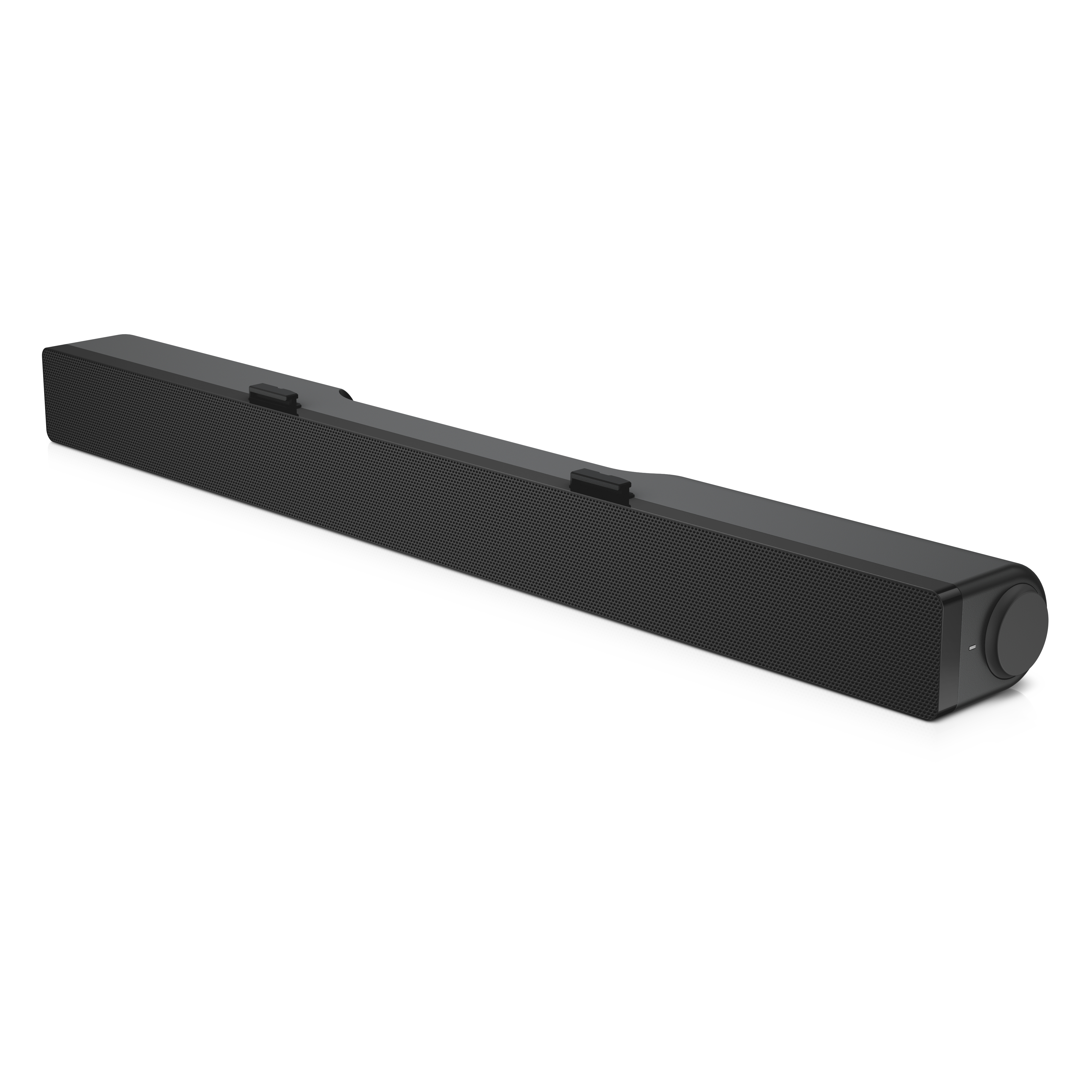 Czarny soundbar z siatkowym przodem, ujęcie z boku, regulacja głośności.