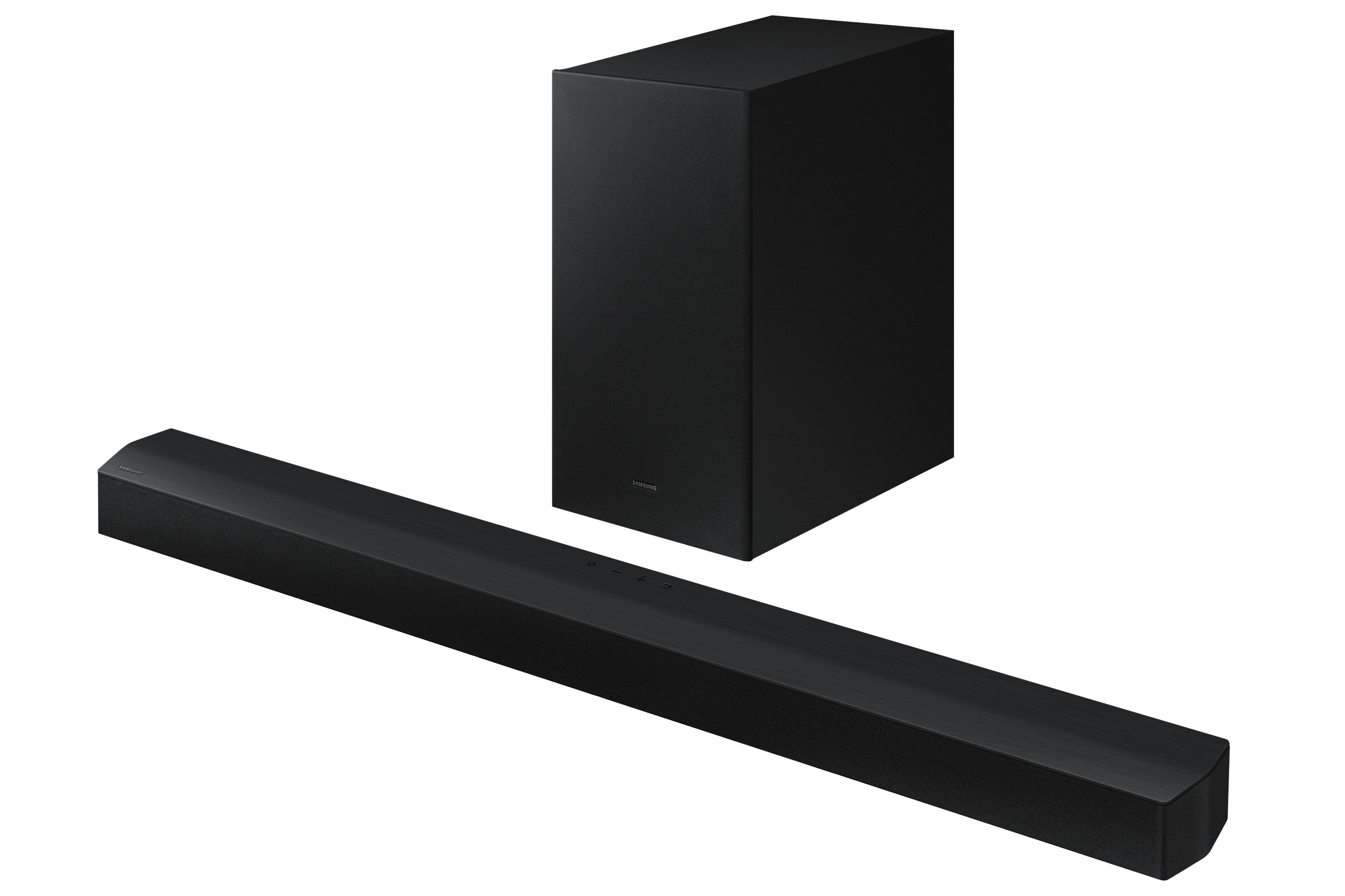 Un juego de barra de sonido y subwoofer negros sobre un fondo blanco, vista en ángulo.