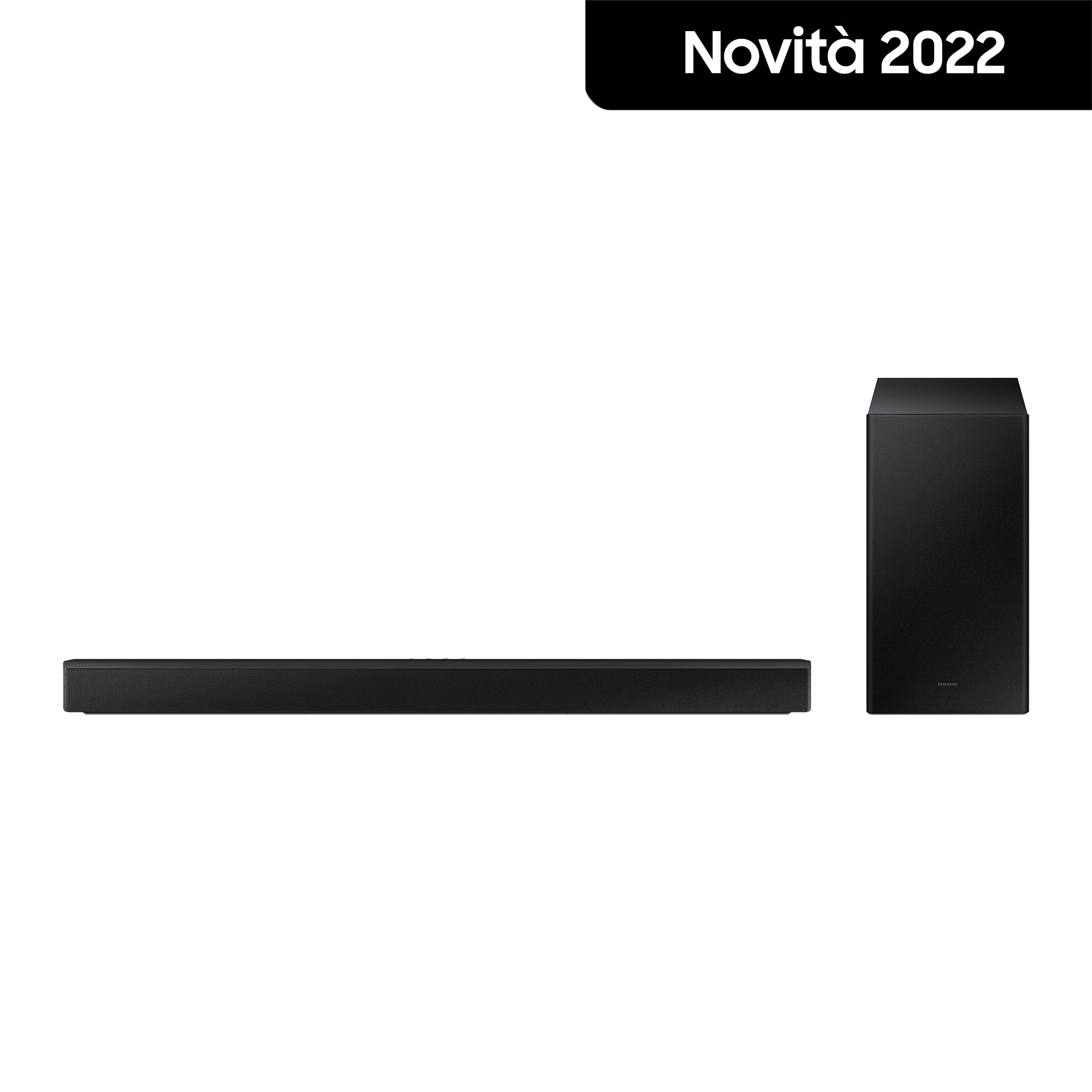 Conjunto de barra de sonido y subwoofer negros. Marcado como 'Novità 2022'. Sobre fondo blanco.