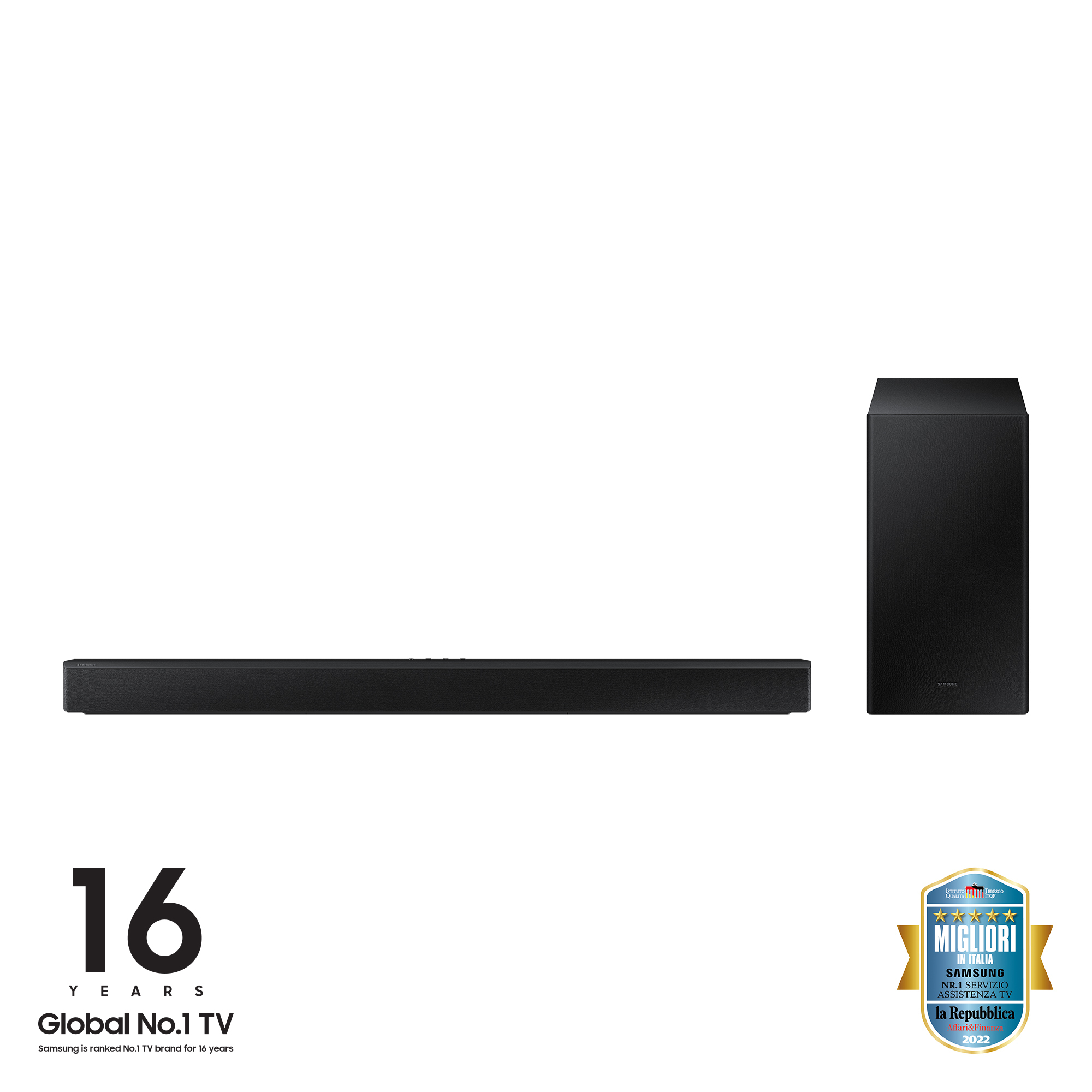 Barra de sonido negra con subwoofer y marca 16 años Global No.1 TV.