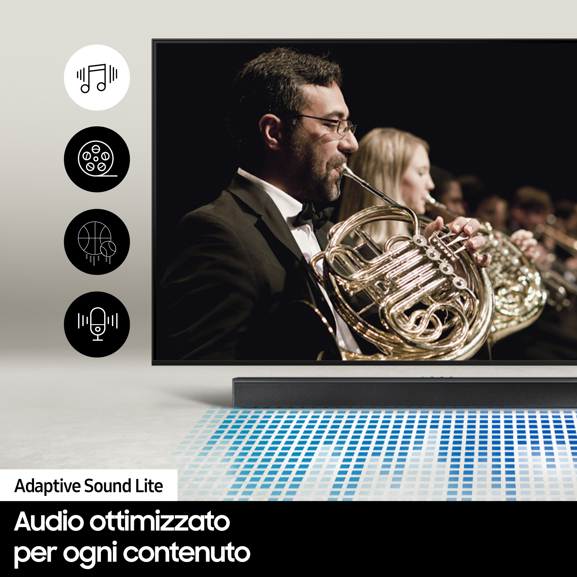 Una barra de sonido debajo de un televisor con una orquesta. Se muestran iconos.