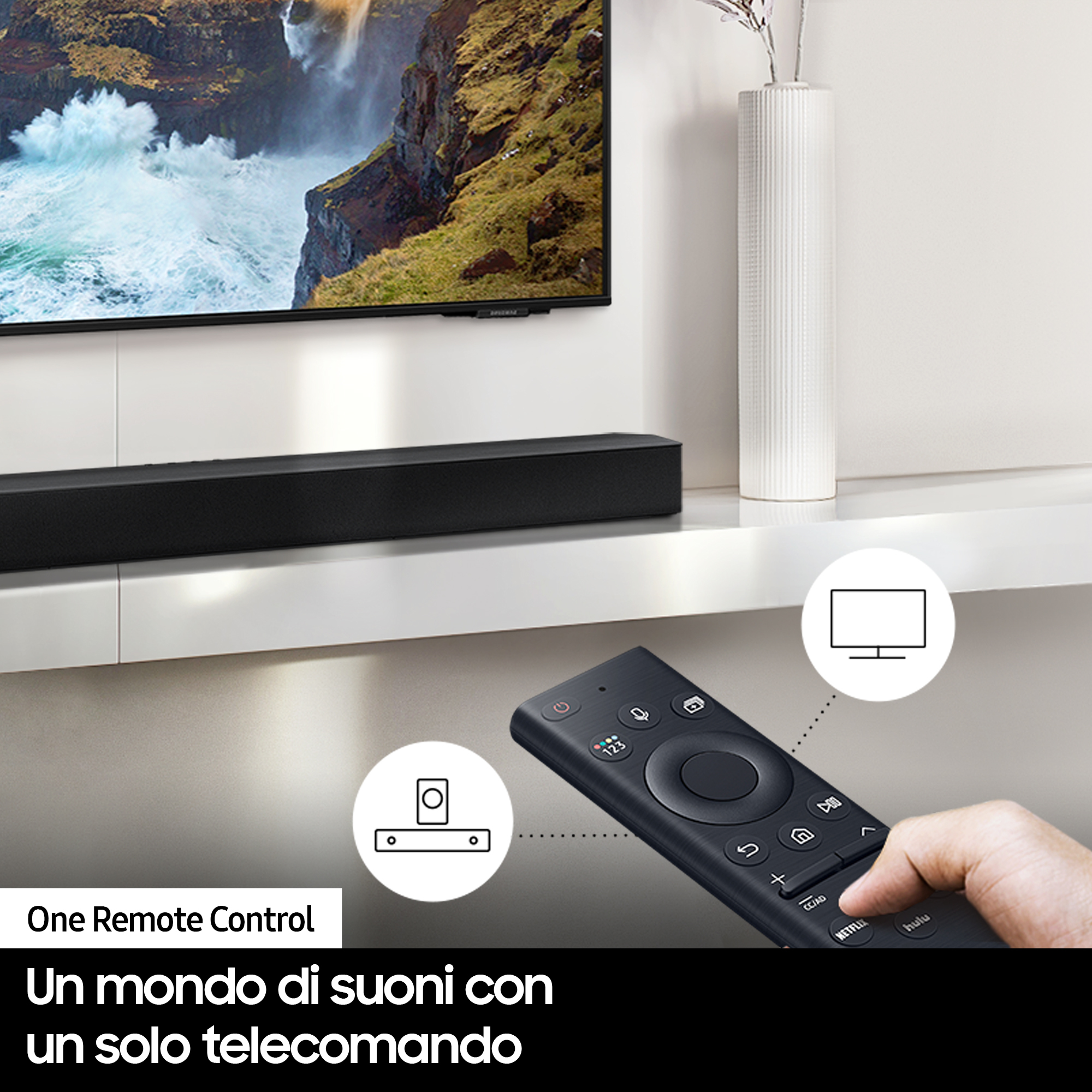 Una pantalla de TV, una barra de sonido y un mando a distancia con iconos. Texto: Un mando a distancia.