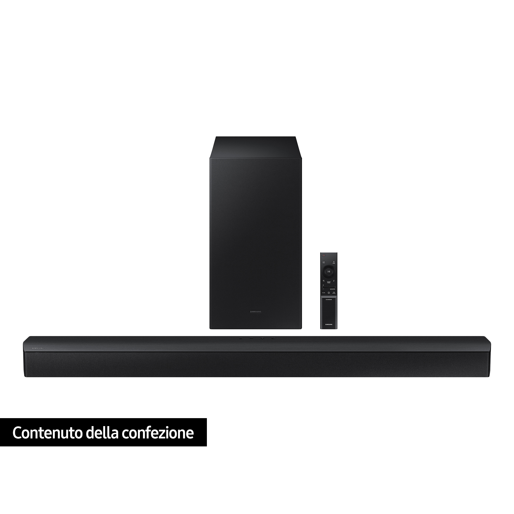 Barra de sonido negra con subwoofer y mando, etiquetada como 'Contenuto della confezione'.